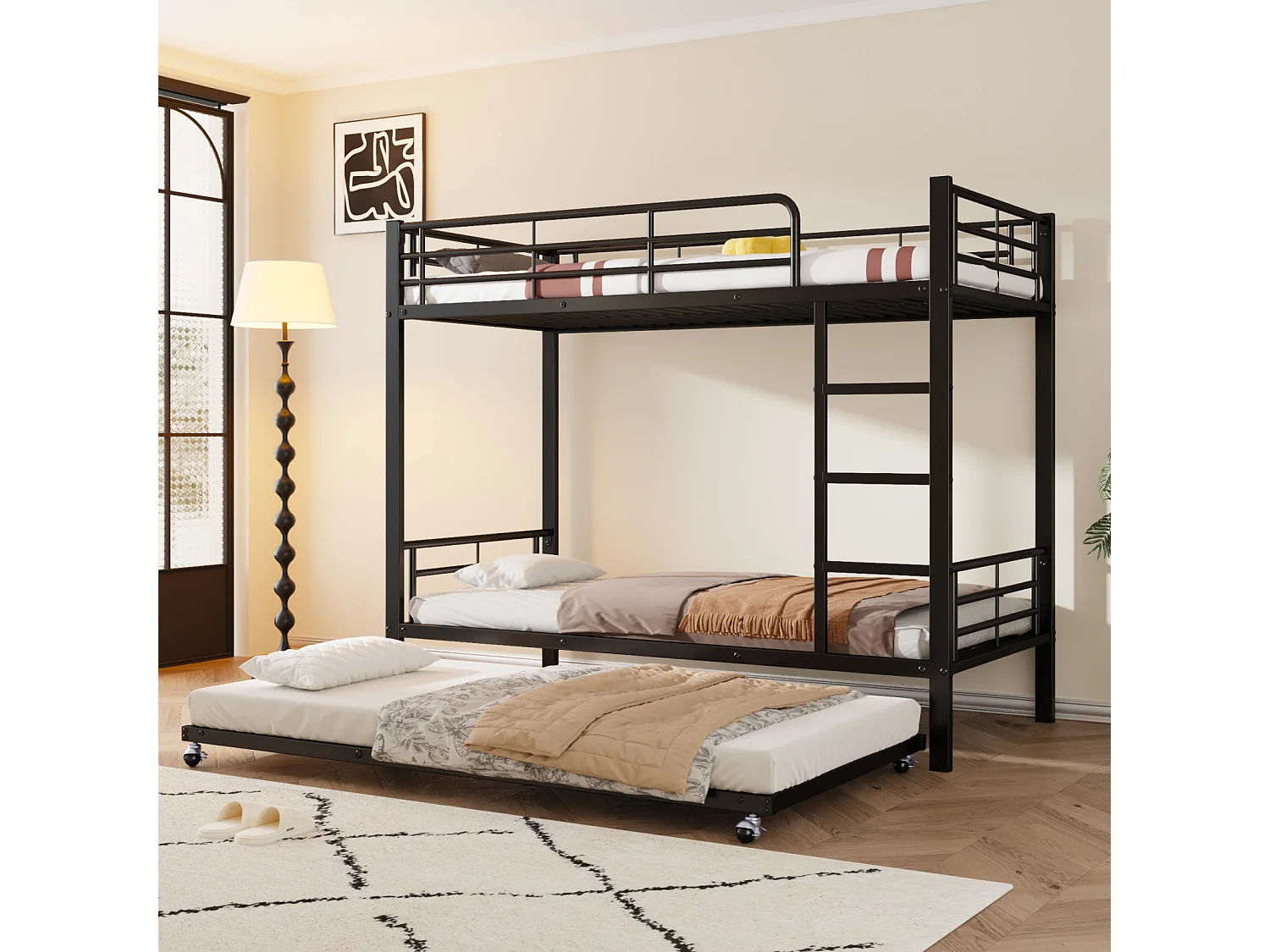 Lit superposé en fer, adapté aux enfants et aux adolescents, avec lit gigogne, quatre barrières latérales sur le lit supérieur, fer, noir, 90x200cm et 90x190cm