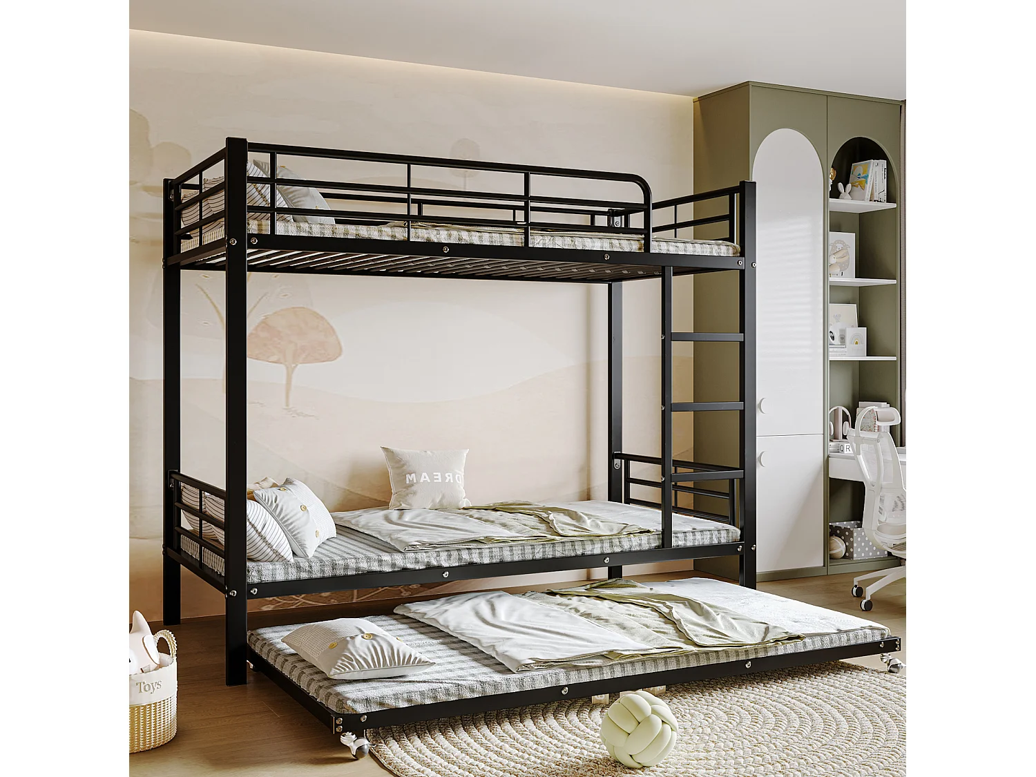 Lit superposé en fer, adapté aux enfants et aux adolescents, avec lit gigogne, quatre barrières latérales sur le lit supérieur, fer, noir, 90x200cm et 90x190cm