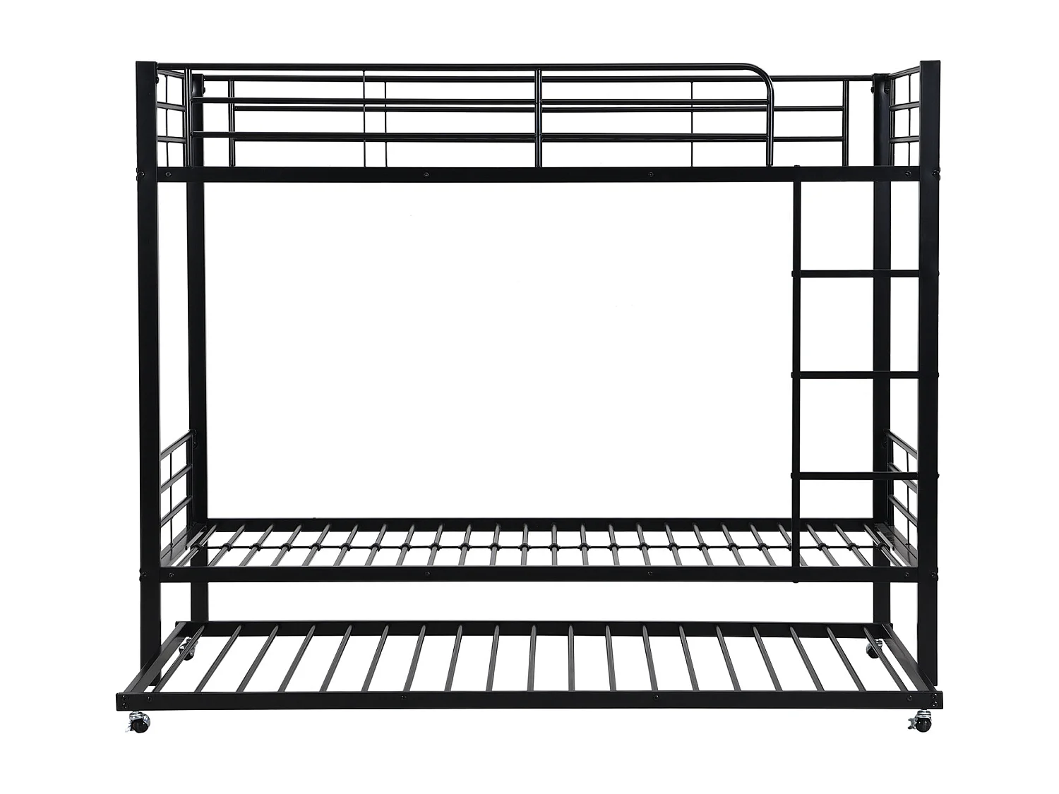 Lit superposé en fer, adapté aux enfants et aux adolescents, avec lit gigogne, quatre barrières latérales sur le lit supérieur, fer, noir, 90x200cm et 90x190cm