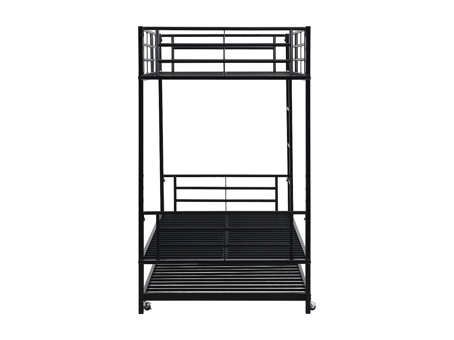 Lit superposé en fer, adapté aux enfants et aux adolescents, avec lit gigogne, quatre barrières latérales sur le lit supérieur, fer, noir, 90x200cm et 90x190cm