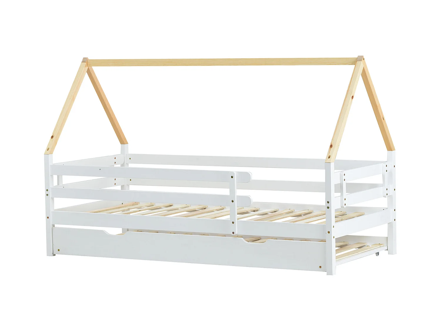 Cama casa árbol, sofá cama, infantil, extraíble, deslizante, madera maciza, blanco, techo natural, 90x200/190cm