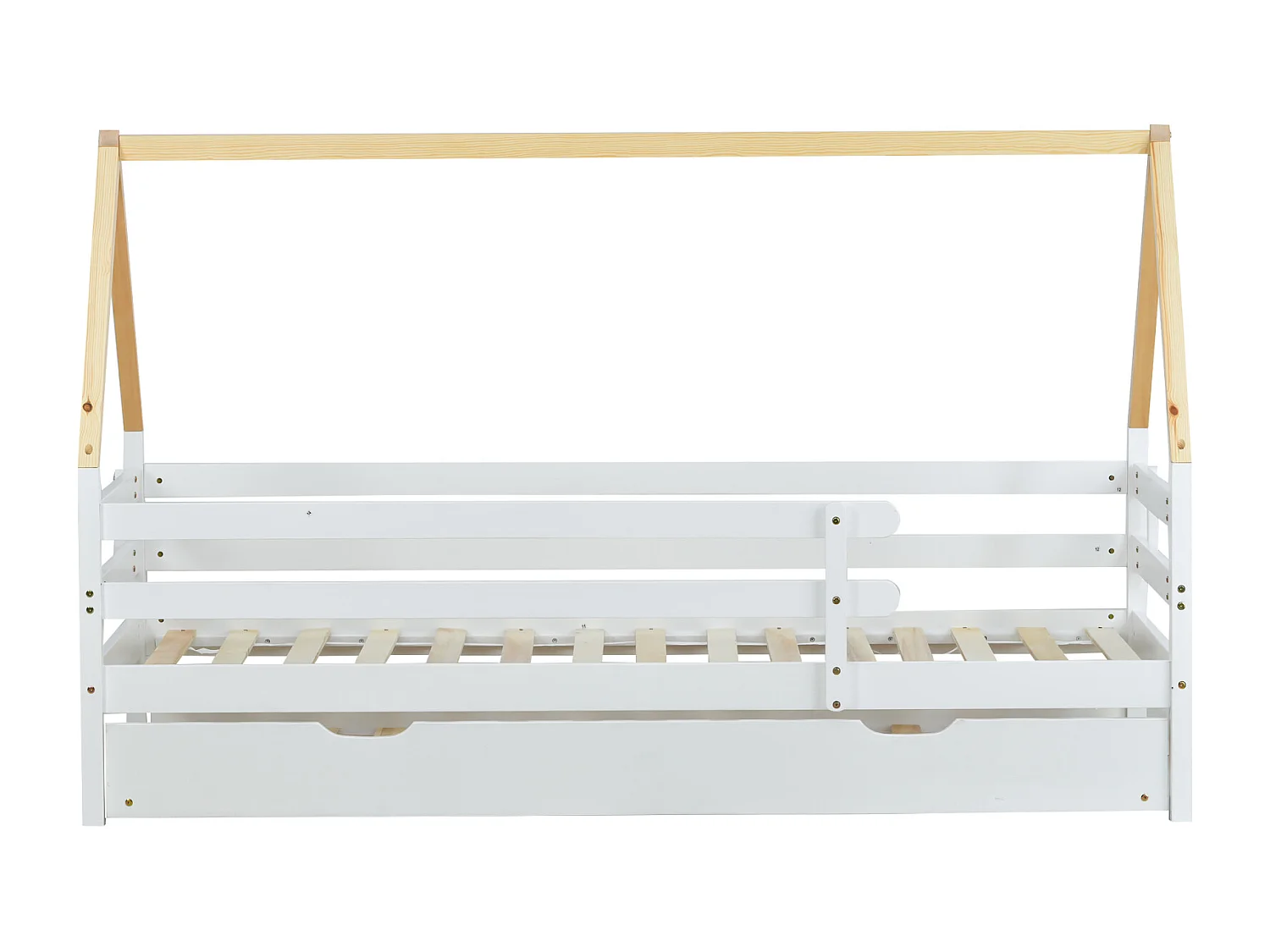 Lit cabane dans les arbres, canapé-lit, enfant, gigogne, coulissant, bois massif, blanc, toit naturel, 90x200/190cm