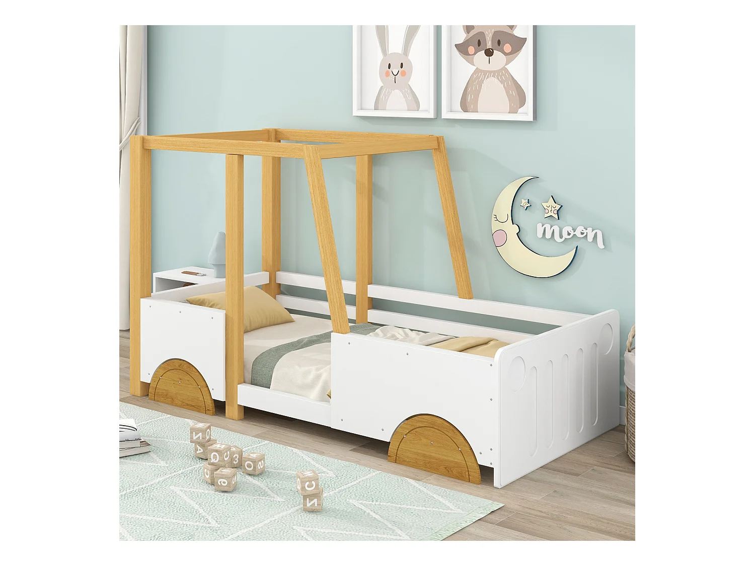 Letto a forma di auto, letto per bambini con ruote in MDF, struttura in pino, bianco + naturale (90x200cm)