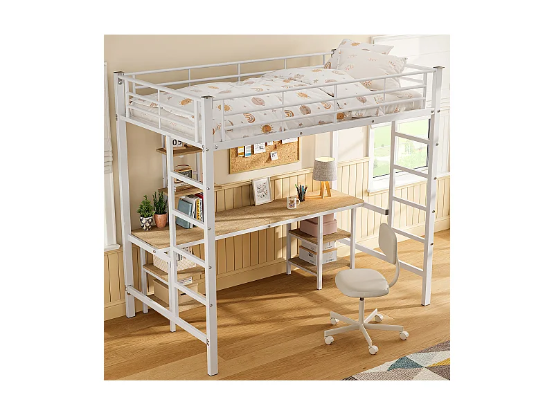 Lit superposé en fer, table, étagères, enfants/adolescents, échelle latérale, barrière de sécurité, fer+MDF, blanc, 90x200cm