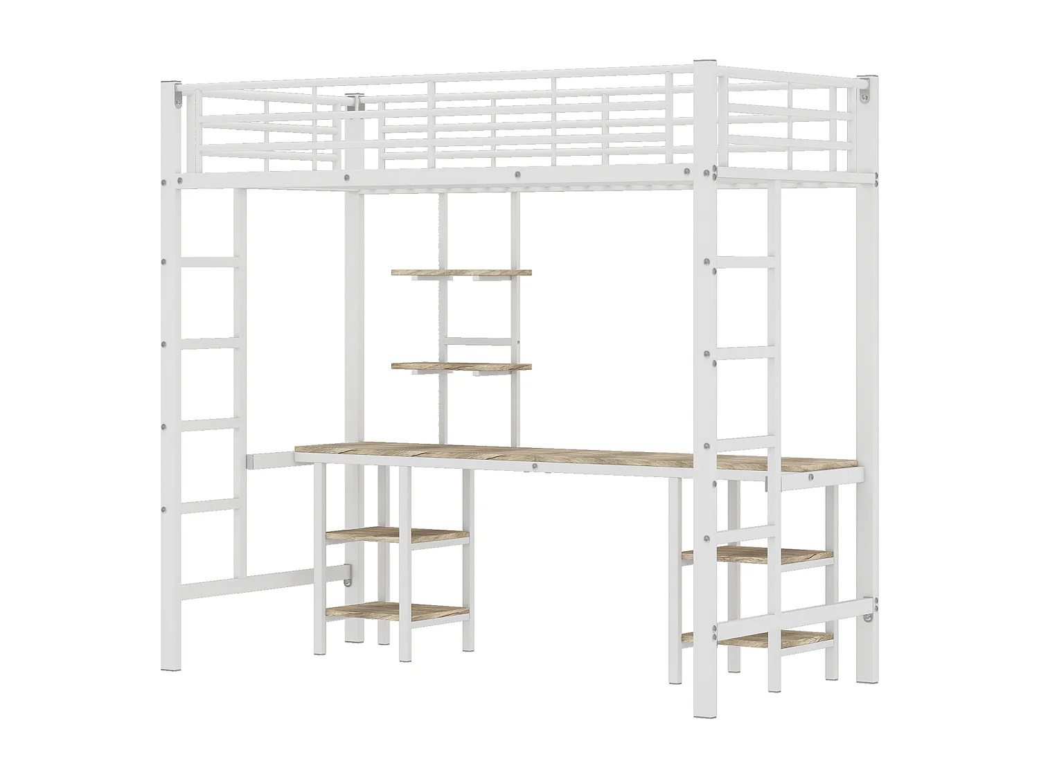 Lit superposé en fer, table, étagères, enfants/adolescents, échelle latérale, barrière de sécurité, fer+MDF, blanc, 90x200cm