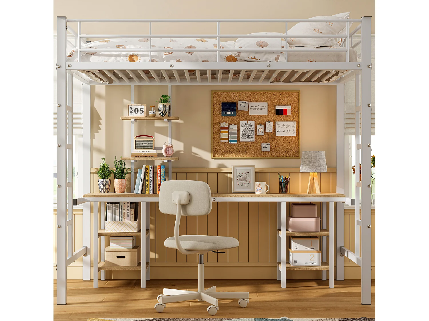 Lit superposé en fer, table, étagères, enfants/adolescents, échelle latérale, barrière de sécurité, fer+MDF, blanc, 90x200cm