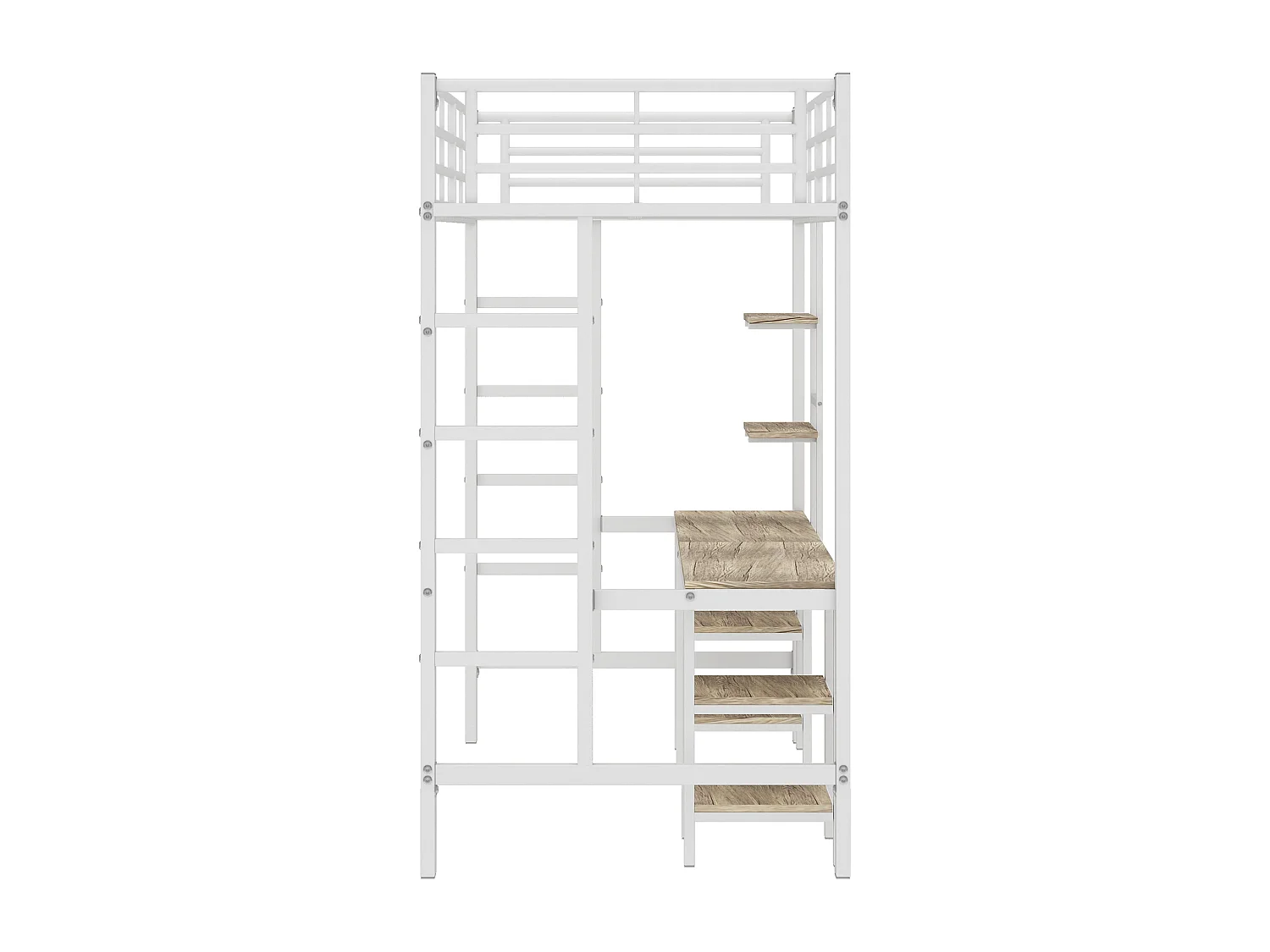 Lit superposé en fer, table, étagères, enfants/adolescents, échelle latérale, barrière de sécurité, fer+MDF, blanc, 90x200cm