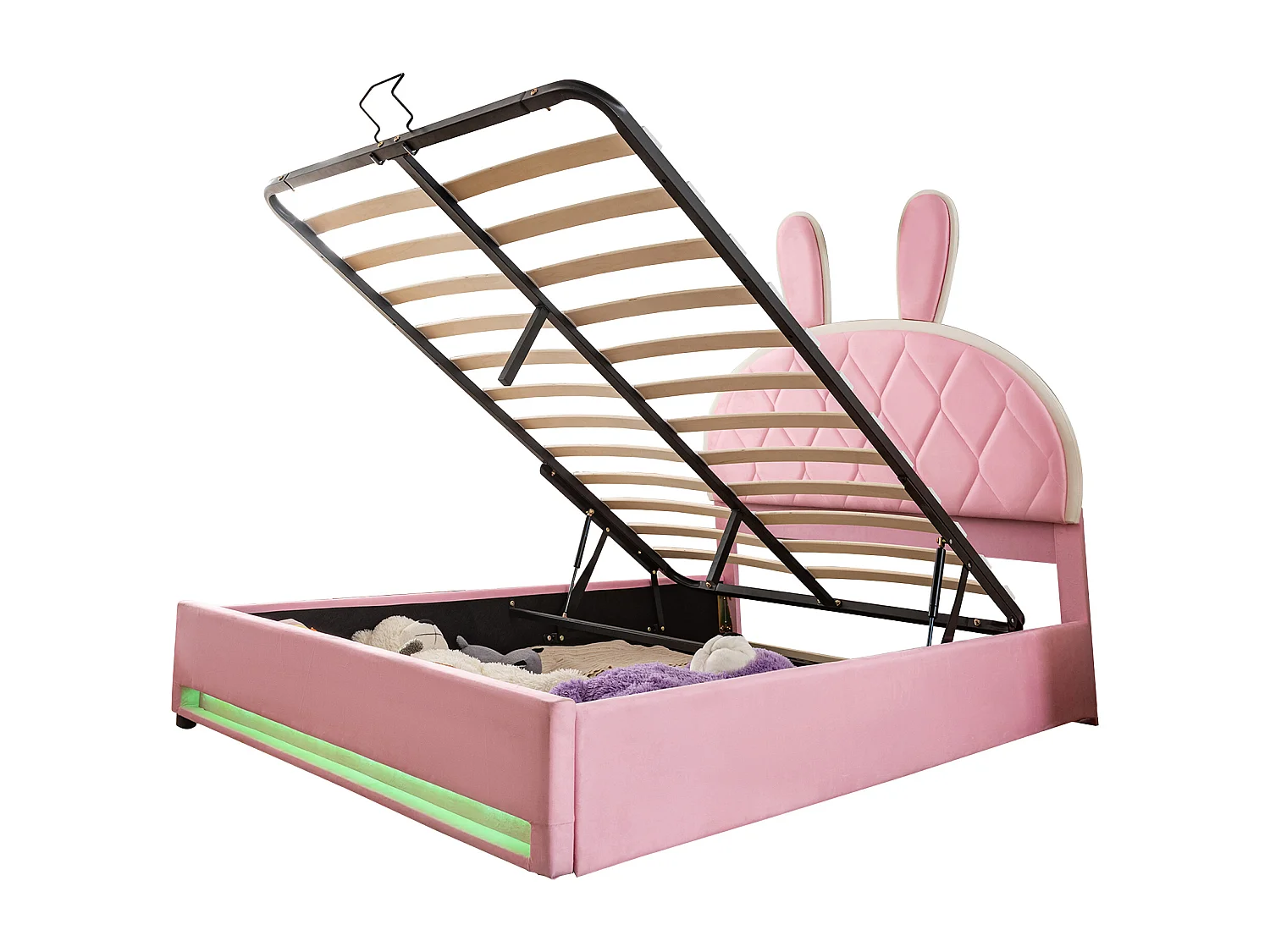 Hydraulisch gestoffeerd tweepersoonsbed, verstelbaar hoofdeinde (konijnenbont), metalen lattenbodem (opbergruimte), fluweel, roze, 140x200cm