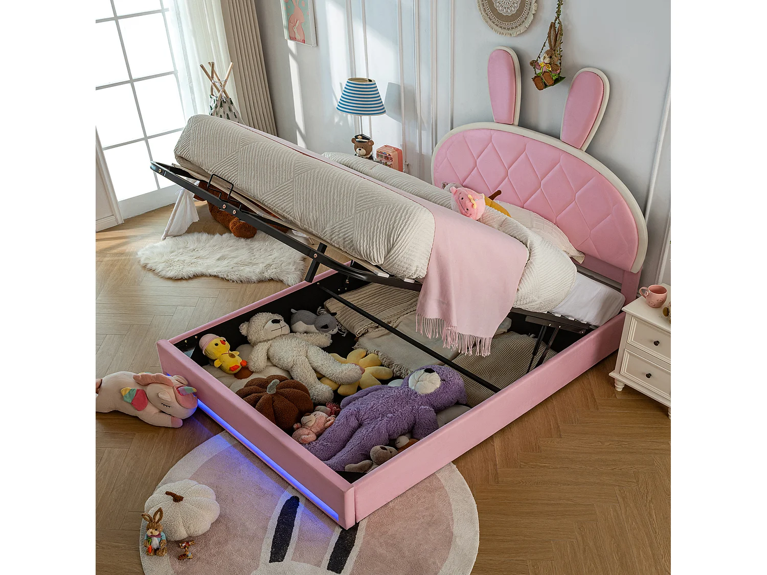 Hydraulisch gestoffeerd tweepersoonsbed, verstelbaar hoofdeinde (konijnenbont), metalen lattenbodem (opbergruimte), fluweel, roze, 140x200cm