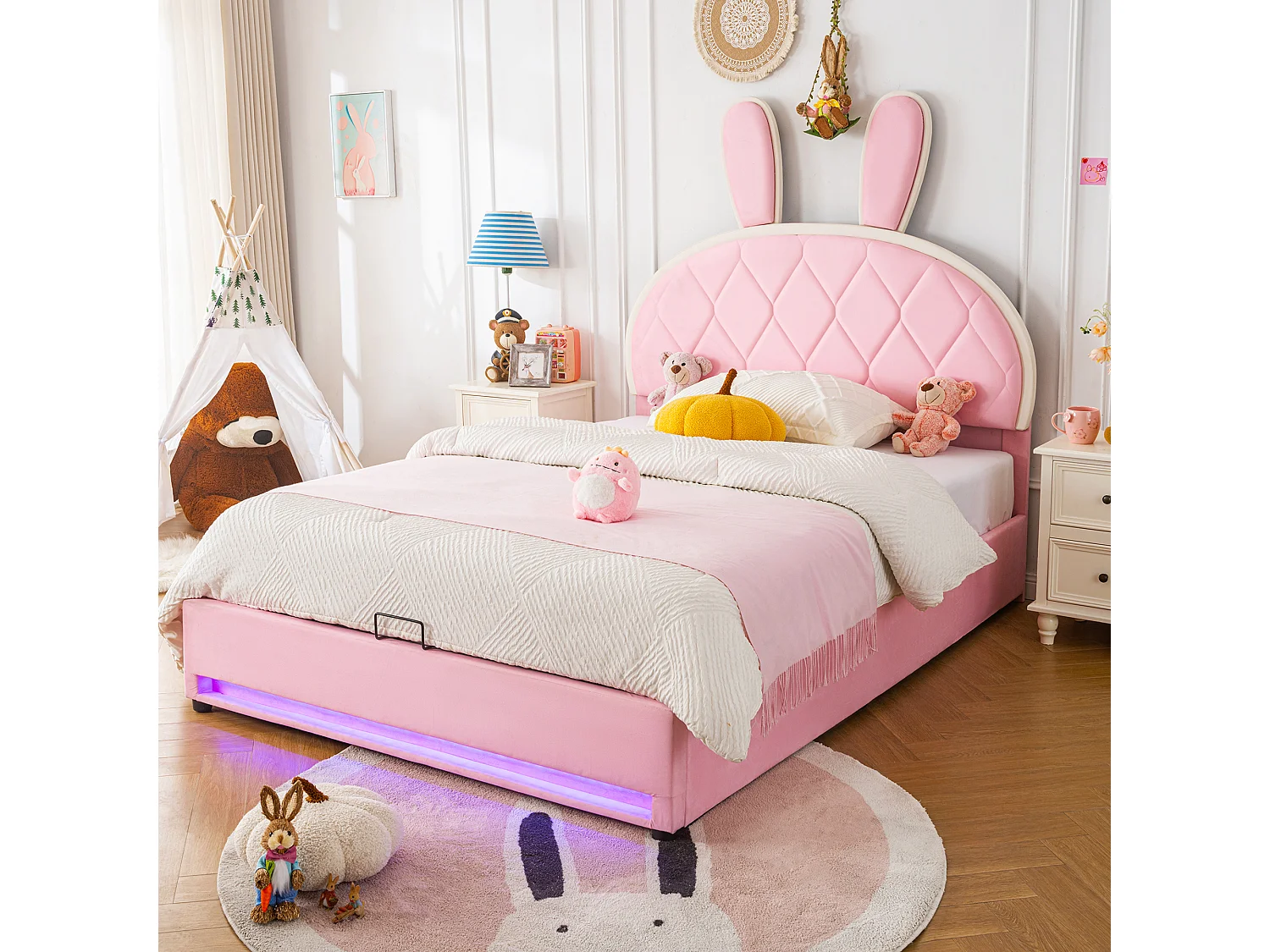 Hydraulisch gestoffeerd tweepersoonsbed, verstelbaar hoofdeinde (konijnenbont), metalen lattenbodem (opbergruimte), fluweel, roze, 140x200cm