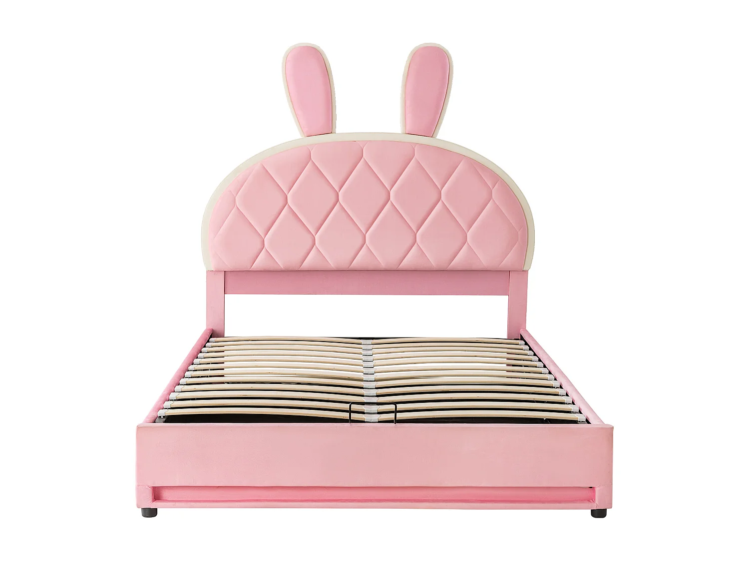 Hydraulisch gestoffeerd tweepersoonsbed, verstelbaar hoofdeinde (konijnenbont), metalen lattenbodem (opbergruimte), fluweel, roze, 140x200cm