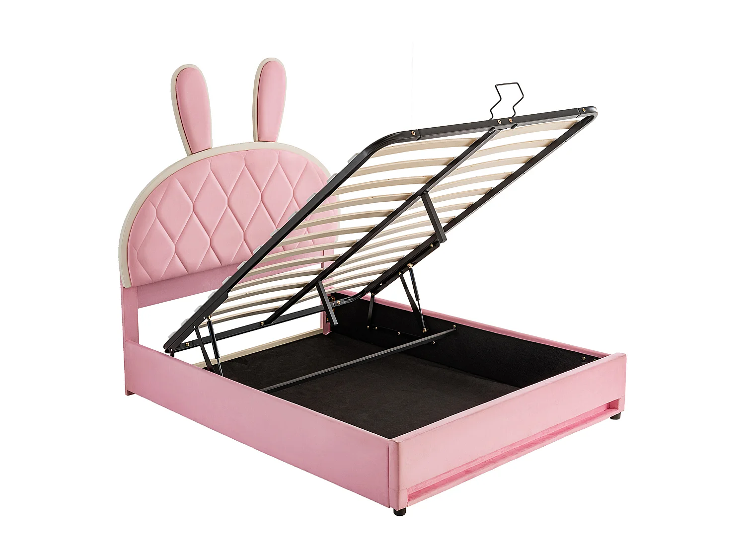 Hydraulisch gestoffeerd tweepersoonsbed, verstelbaar hoofdeinde (konijnenbont), metalen lattenbodem (opbergruimte), fluweel, roze, 140x200cm