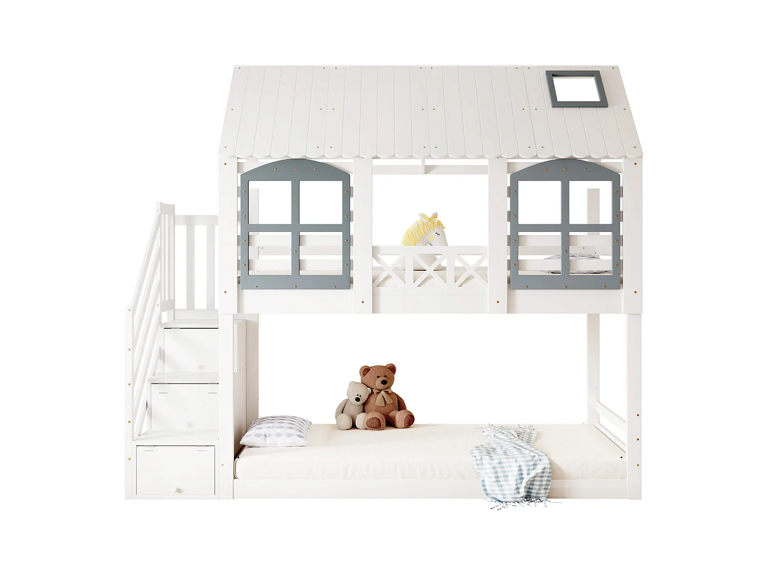 Lit superposé enfant, toit, fenêtre, porte de sécurité, 3 casiers, échelle, rangement, pin + MDF, blanc + gris, 90x200cm