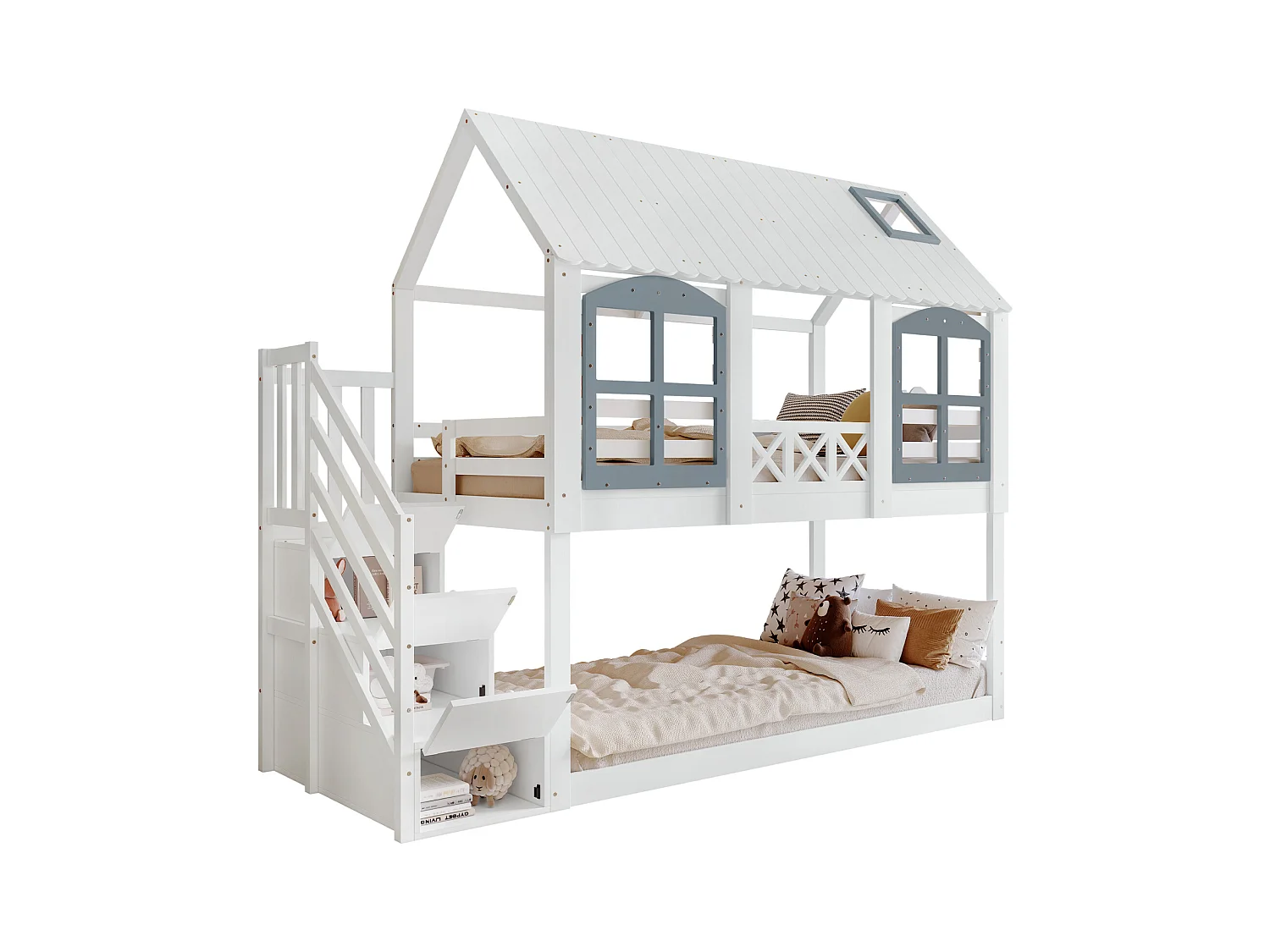 Lit superposé enfant, toit, fenêtre, porte de sécurité, 3 casiers, échelle, rangement, pin + MDF, blanc + gris, 90x200cm