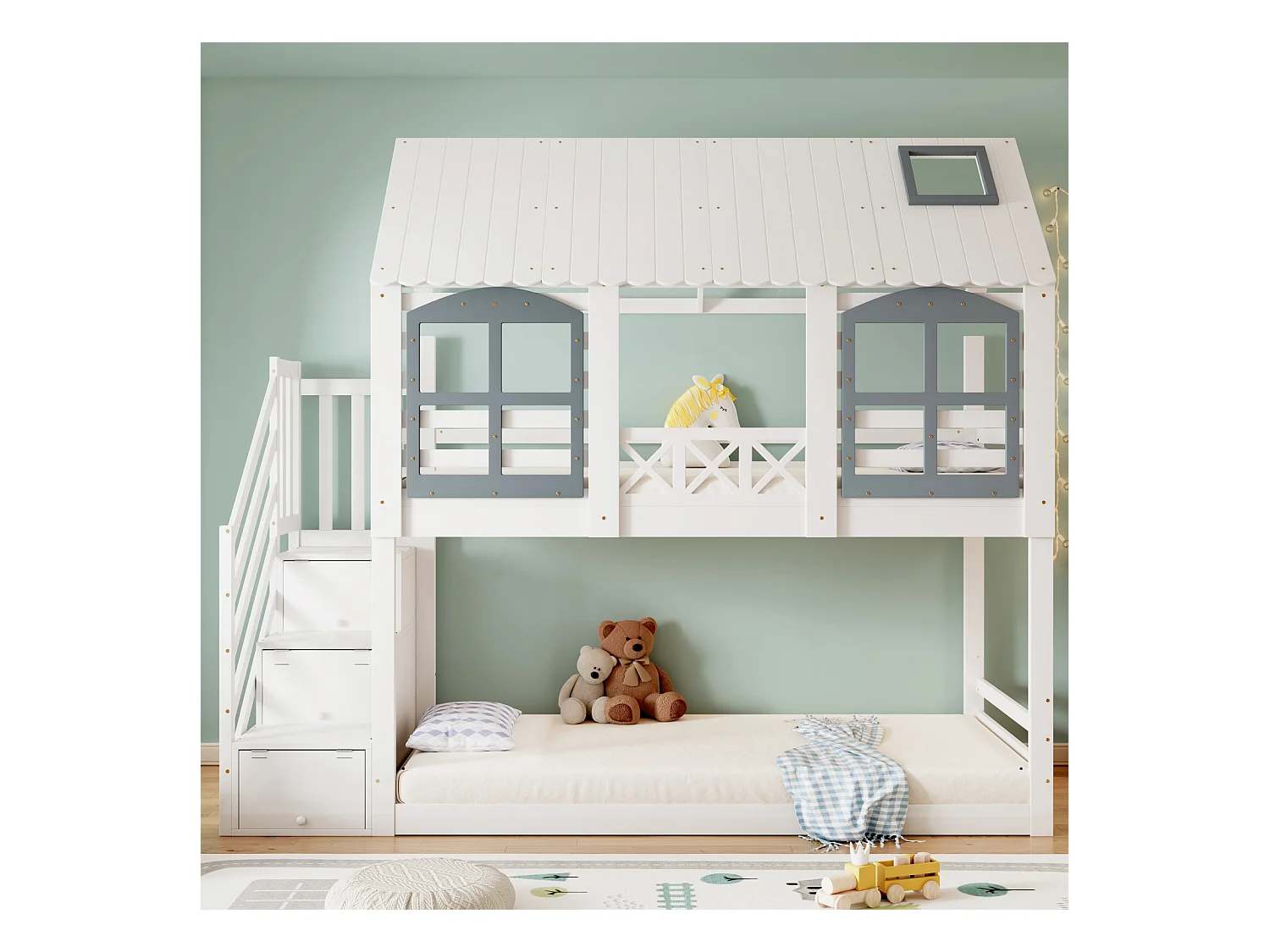 Lit superposé enfant, toit, fenêtre, porte de sécurité, 3 casiers, échelle, rangement, pin + MDF, blanc + gris, 90x200cm