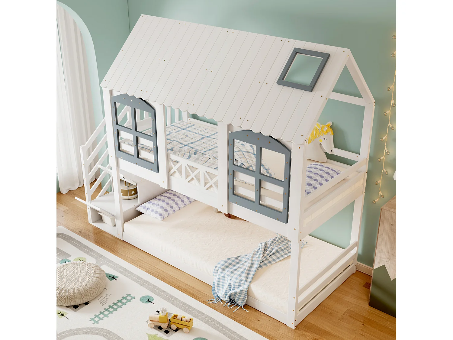 Lit superposé enfant, toit, fenêtre, porte de sécurité, 3 casiers, échelle, rangement, pin + MDF, blanc + gris, 90x200cm