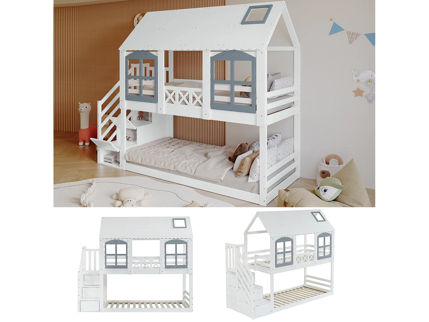 Lit superposé enfant, toit, fenêtre, porte de sécurité, 3 casiers, échelle, rangement, pin + MDF, blanc + gris, 90x200cm