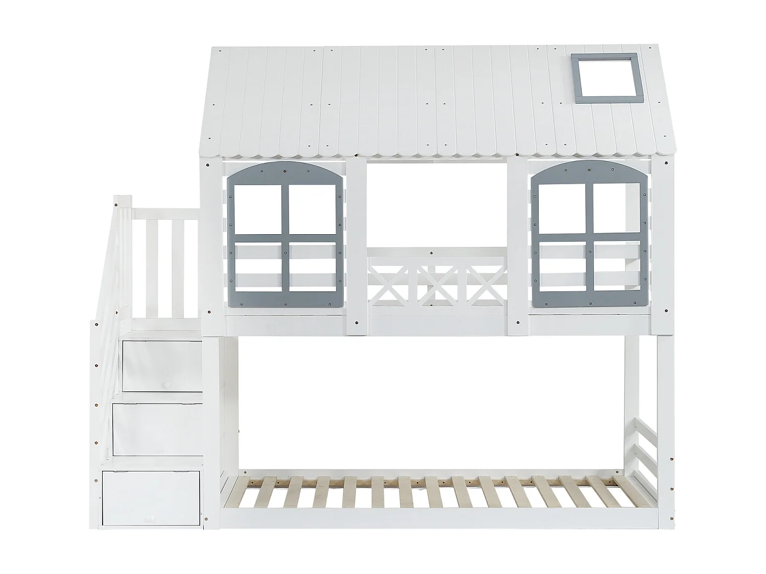 Lit superposé enfant, toit, fenêtre, porte de sécurité, 3 casiers, échelle, rangement, pin + MDF, blanc + gris, 90x200cm