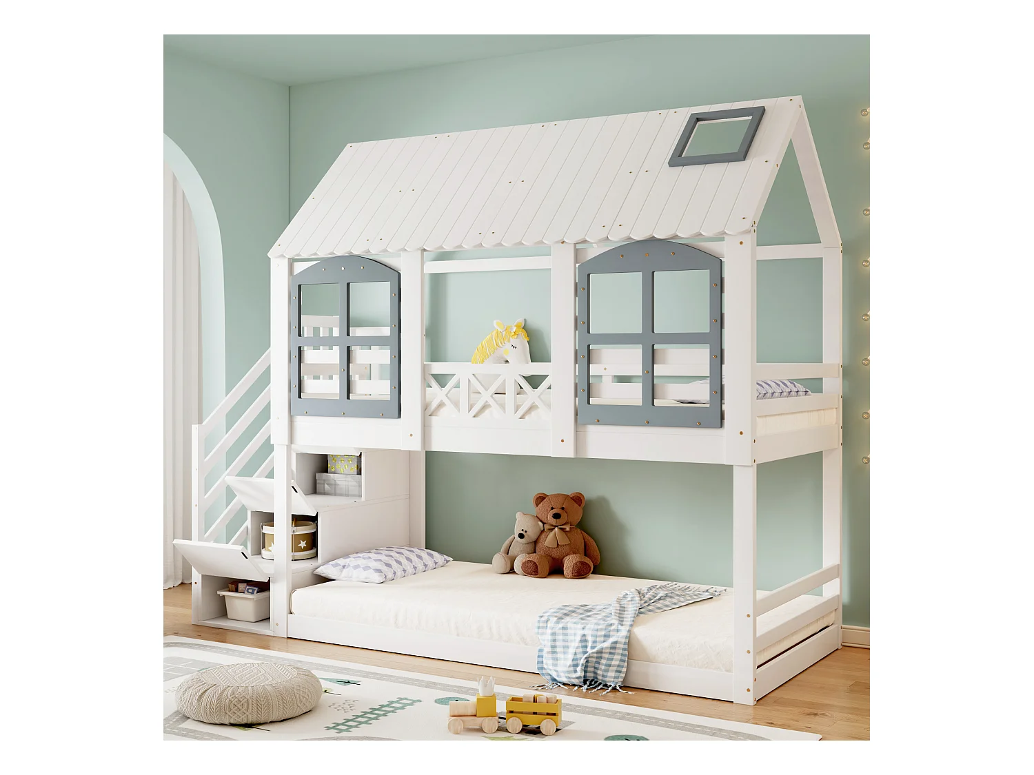 Letto a castello per bambini, tetto, finestra, porta di sicurezza, 3 armadietti, scala, contenitore, pino + MDF, bianco + grigio, 90x200cm