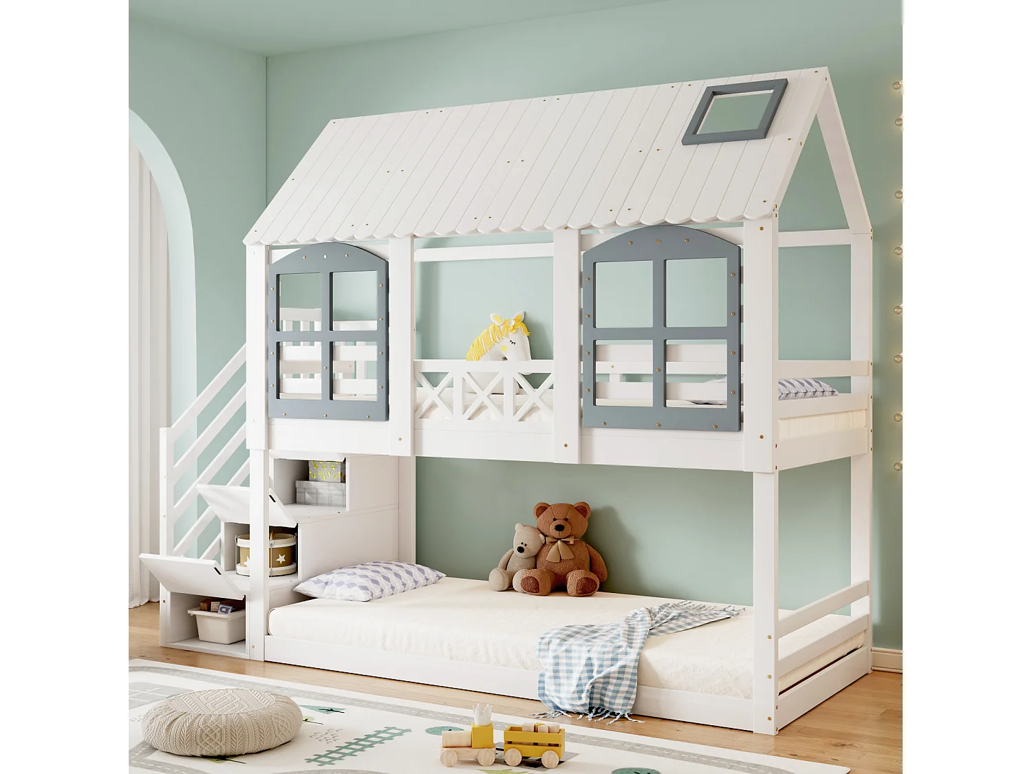 Letto a castello per bambini, tetto, finestra, porta di sicurezza, 3 armadietti, scala, contenitore, pino + MDF, bianco + grigio, 90x200cm