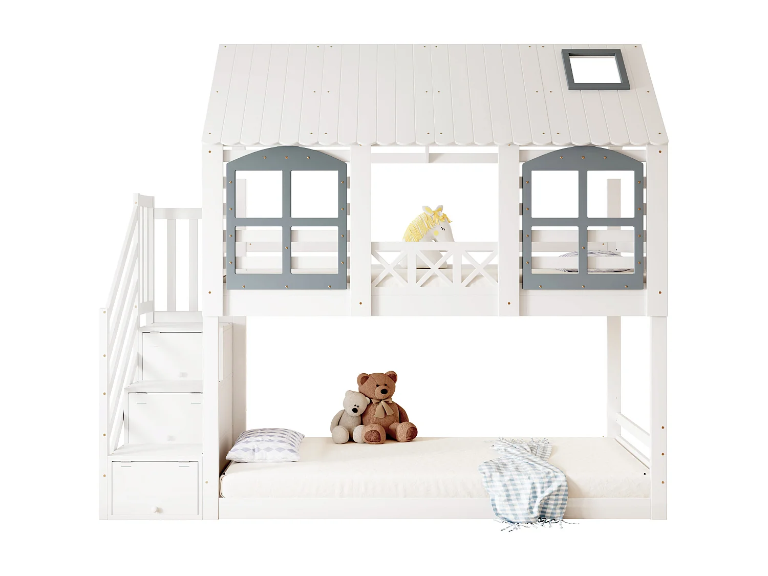 Letto a castello per bambini, tetto, finestra, porta di sicurezza, 3 armadietti, scala, contenitore, pino + MDF, bianco + grigio, 90x200cm