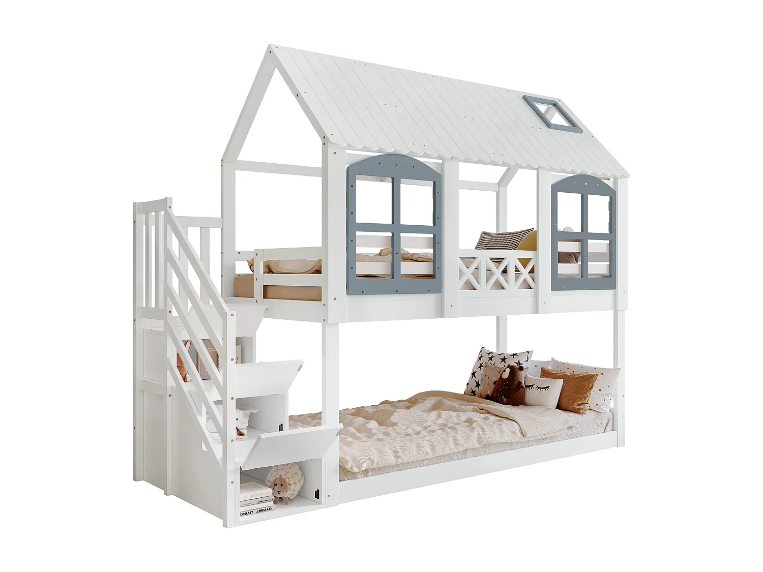 Letto a castello per bambini, tetto, finestra, porta di sicurezza, 3 armadietti, scala, contenitore, pino + MDF, bianco + grigio, 90x200cm
