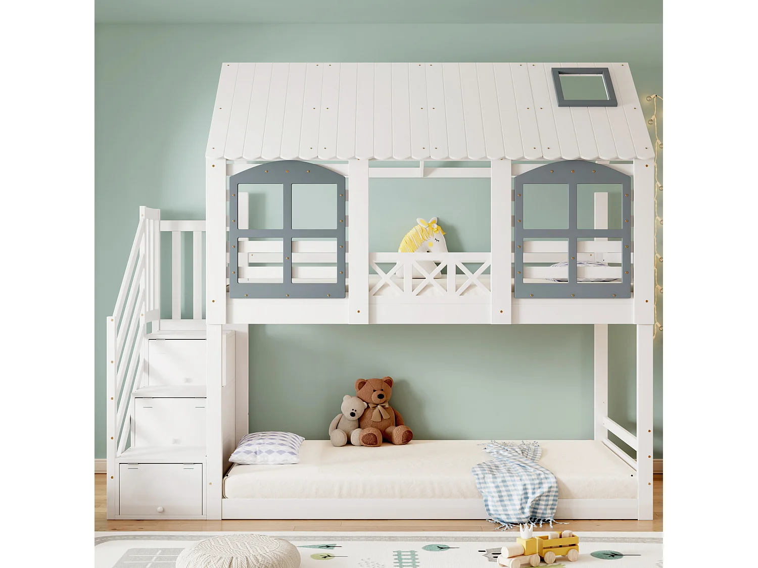 Letto a castello per bambini, tetto, finestra, porta di sicurezza, 3 armadietti, scala, contenitore, pino + MDF, bianco + grigio, 90x200cm