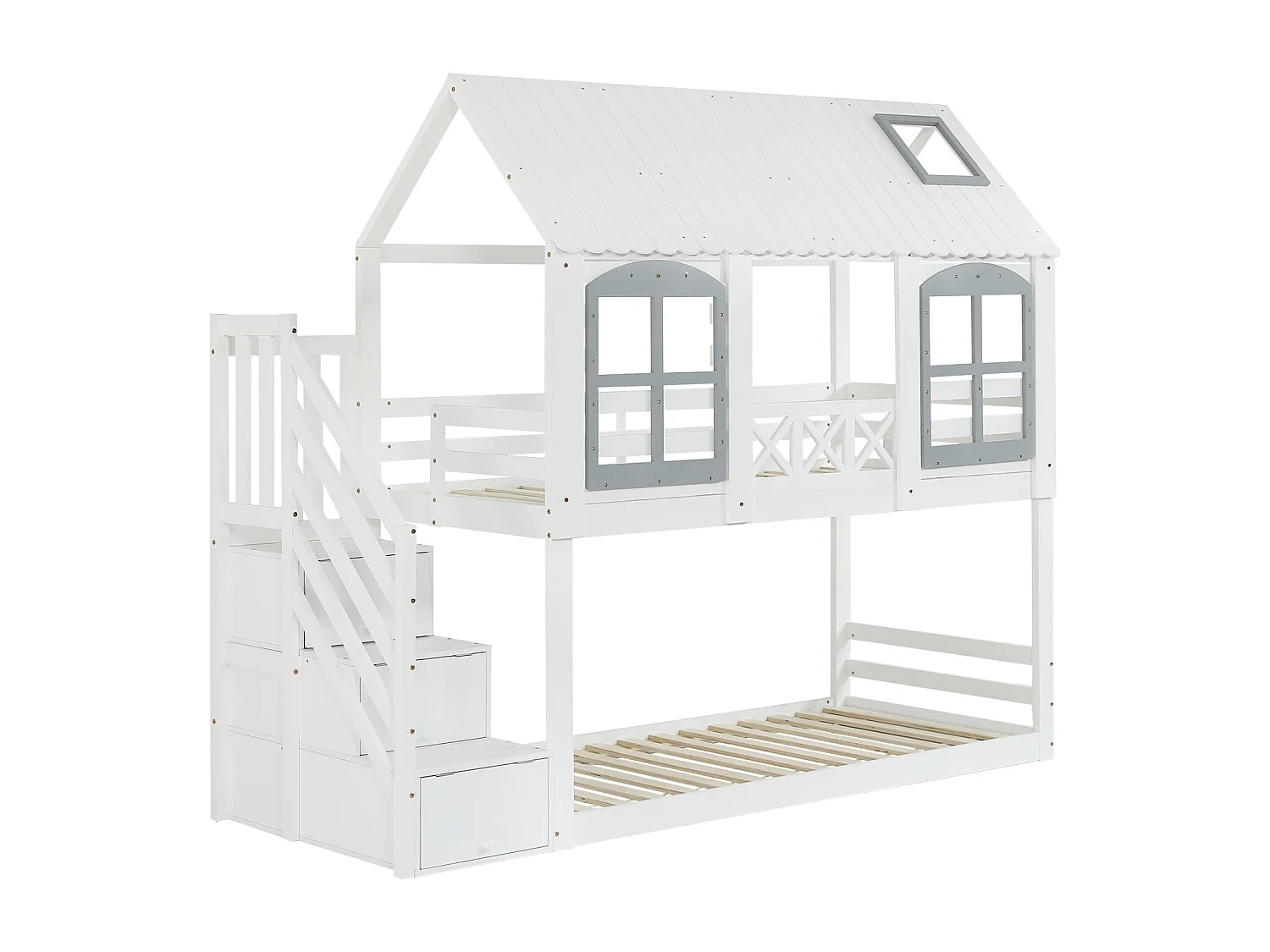 Letto a castello per bambini, tetto, finestra, porta di sicurezza, 3 armadietti, scala, contenitore, pino + MDF, bianco + grigio, 90x200cm