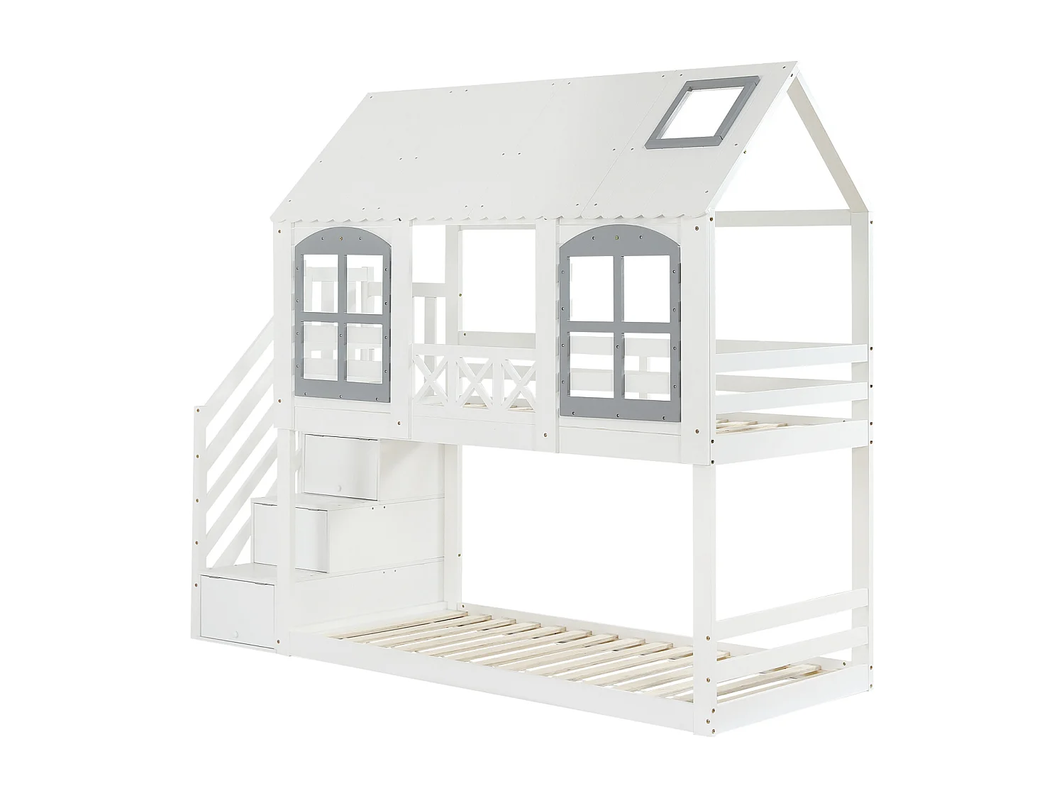 Letto a castello per bambini, tetto, finestra, porta di sicurezza, 3 armadietti, scala, contenitore, pino + MDF, bianco + grigio, 90x200cm