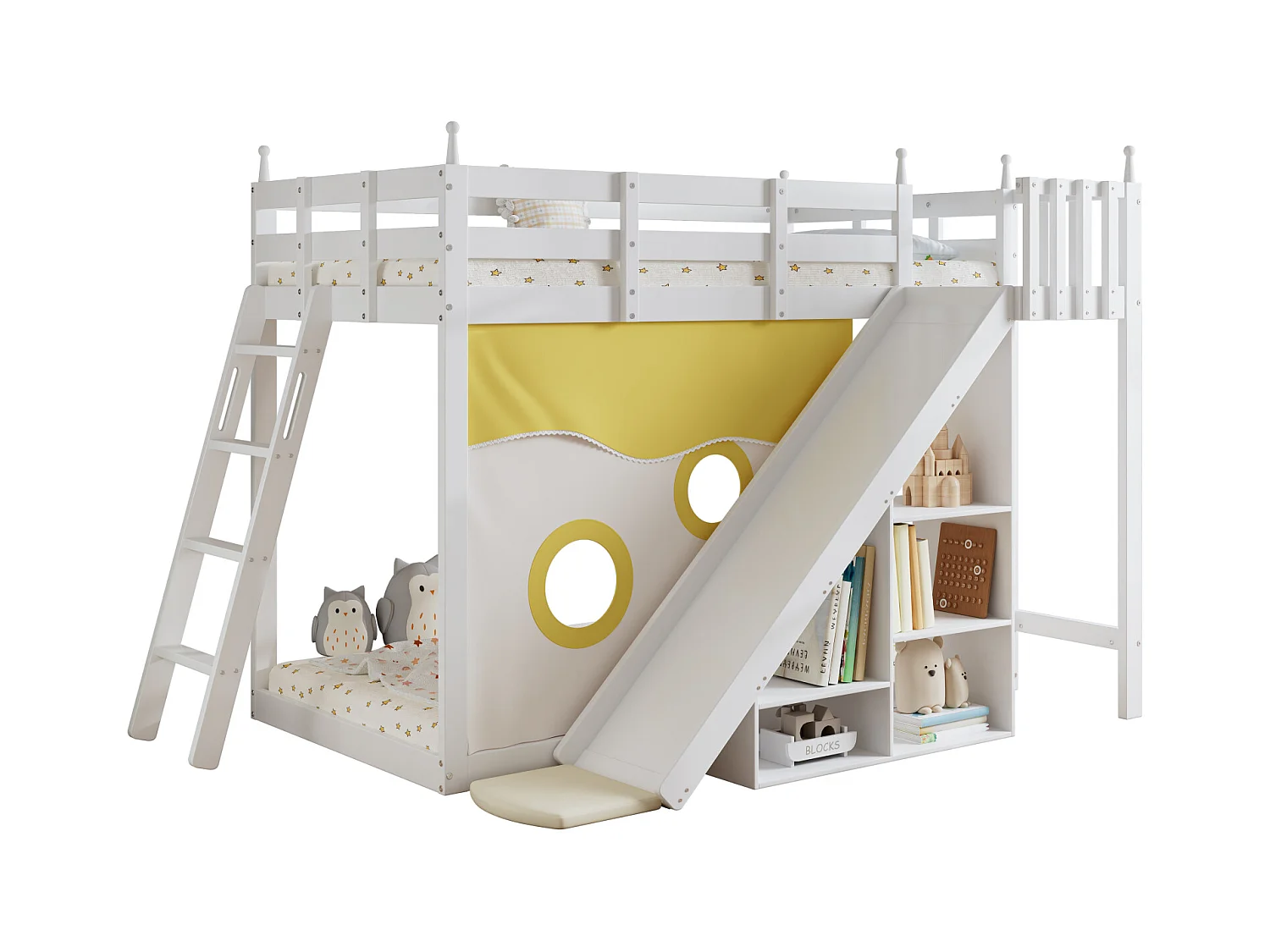 Holz-Etagenbett, Leiter, Zaun, Vorhang, Rutsche, Regal, Schutz, Gitter, Kiefer, weiß, 90x200cm