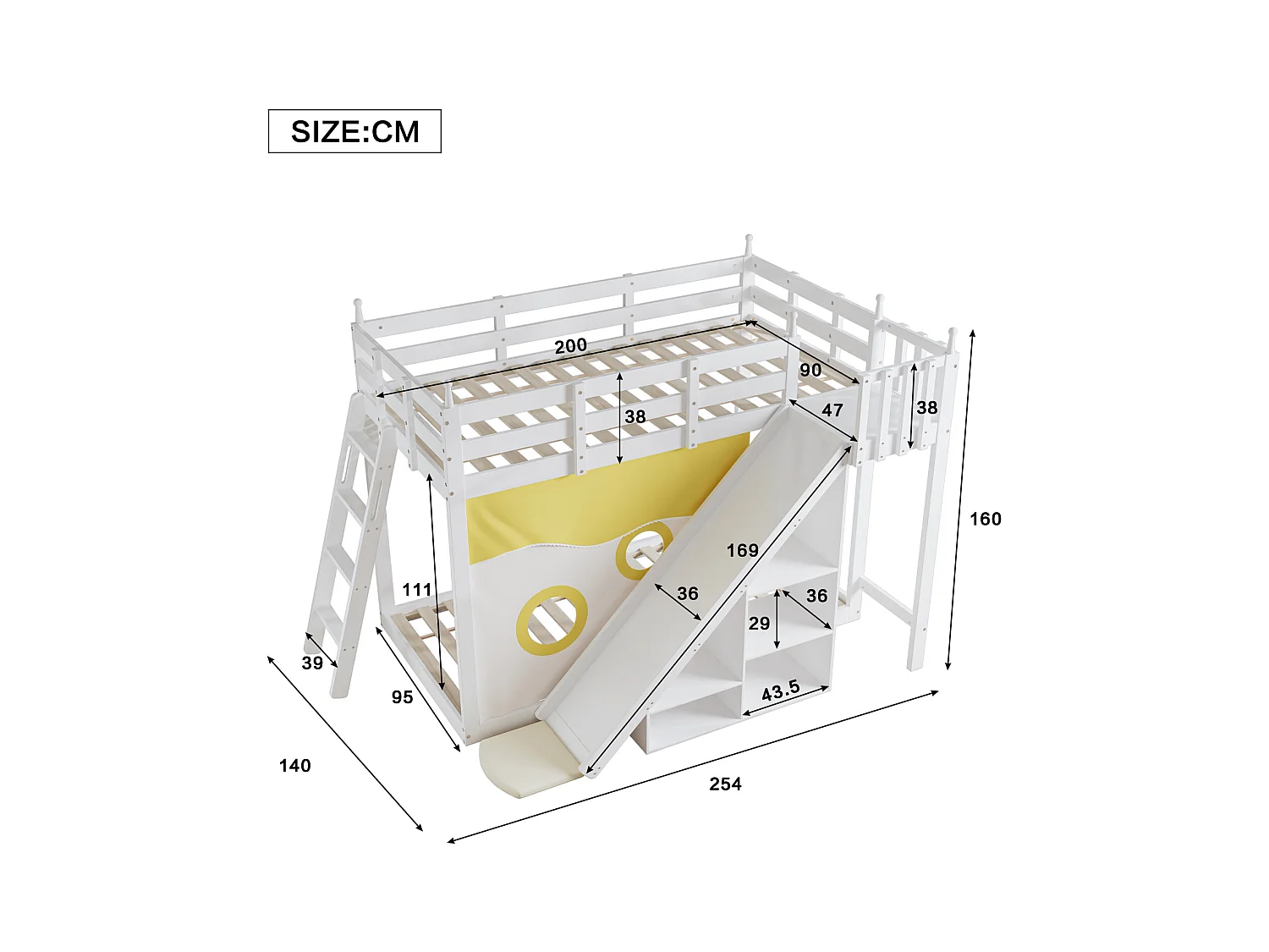 Holz-Etagenbett, Leiter, Zaun, Vorhang, Rutsche, Regal, Schutz, Gitter, Kiefer, weiß, 90x200cm