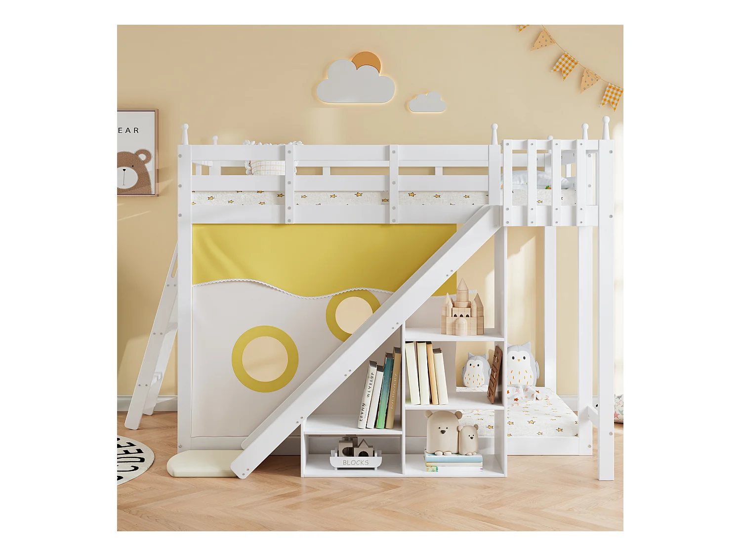 Holz-Etagenbett, Leiter, Zaun, Vorhang, Rutsche, Regal, Schutz, Gitter, Kiefer, weiß, 90x200cm