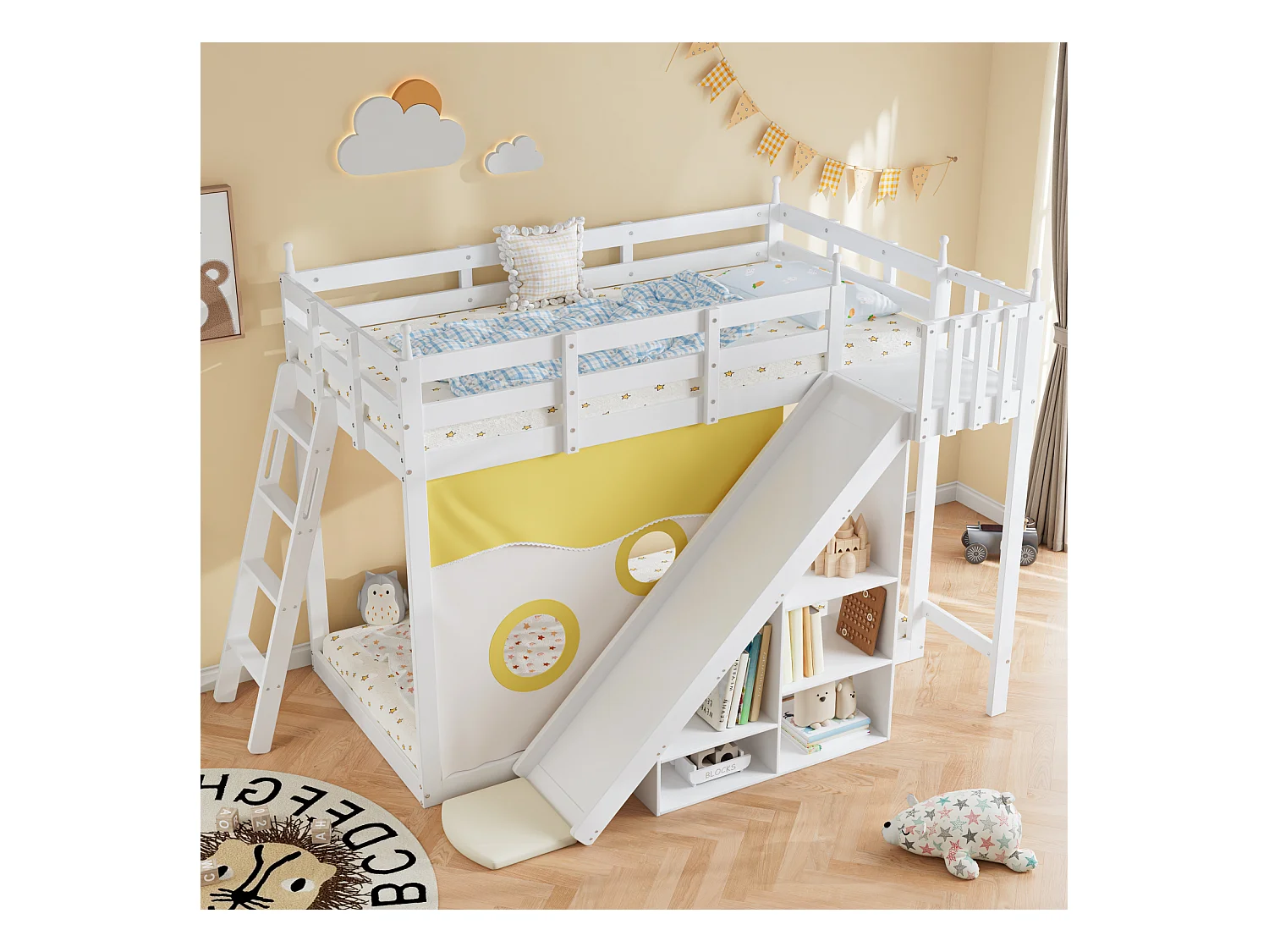 Holz-Etagenbett, Leiter, Zaun, Vorhang, Rutsche, Regal, Schutz, Gitter, Kiefer, weiß, 90x200cm