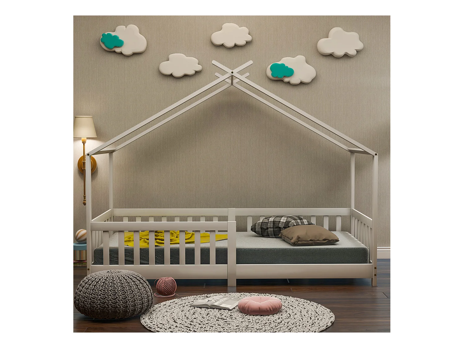 Magnifique lit en bois massif avec barrière et sommier à lattes, avec protection anti-chute pour chambres d'enfants et d'adolescents, blanc (90 x 200 cm).