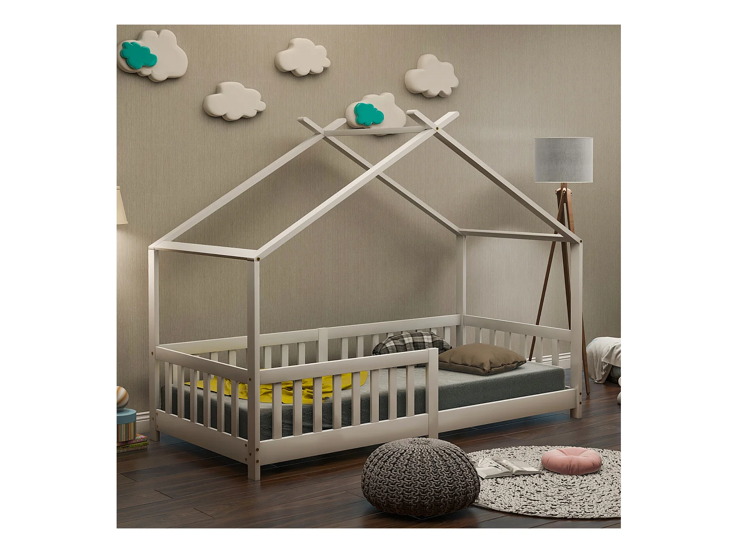 Magnifique lit en bois massif avec barrière et sommier à lattes, avec protection anti-chute pour chambres d'enfants et d'adolescents, blanc (90 x 200 cm).