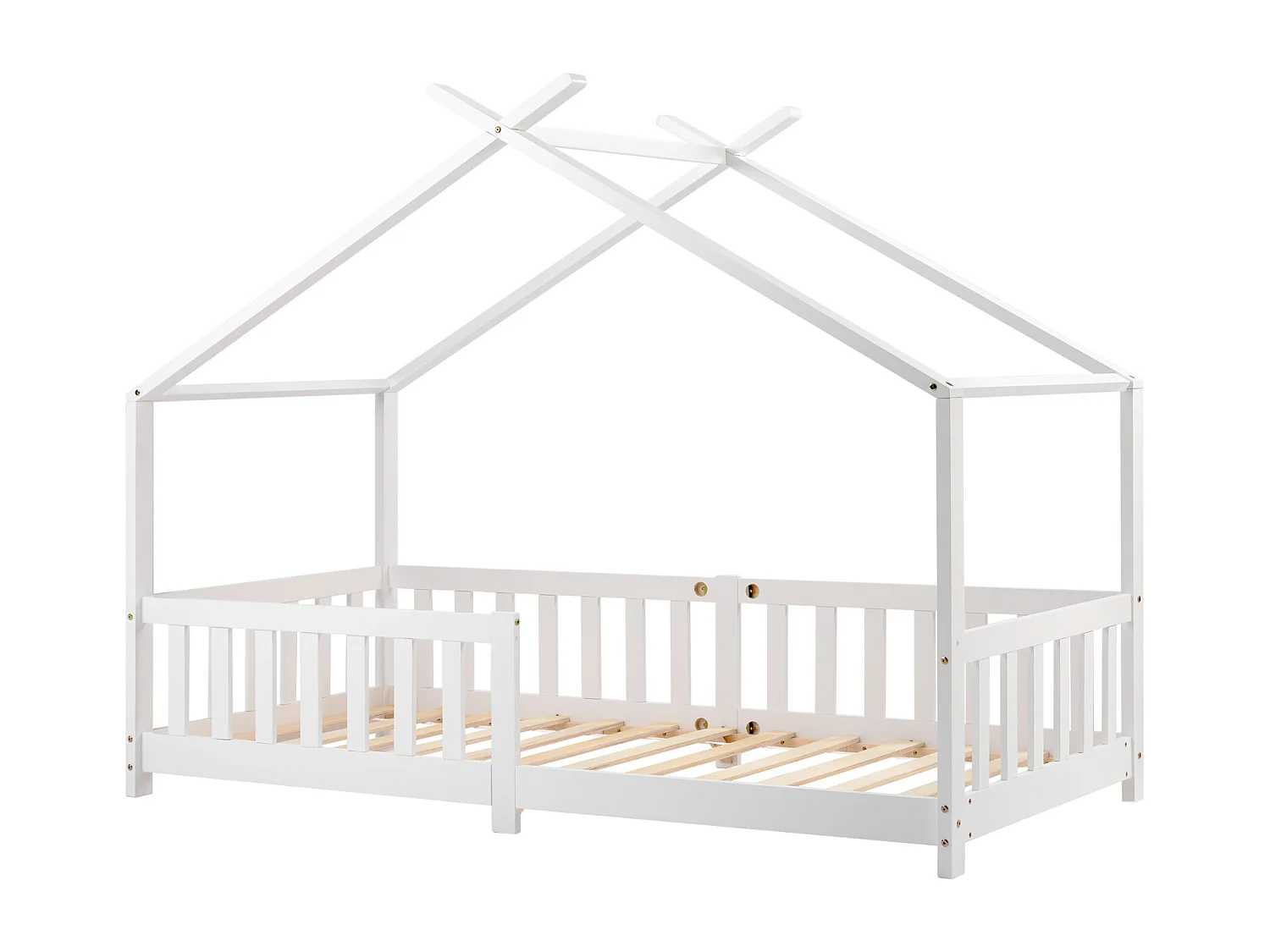 Magnifique lit en bois massif avec barrière et sommier à lattes, avec protection anti-chute pour chambres d'enfants et d'adolescents, blanc (90 x 200 cm).