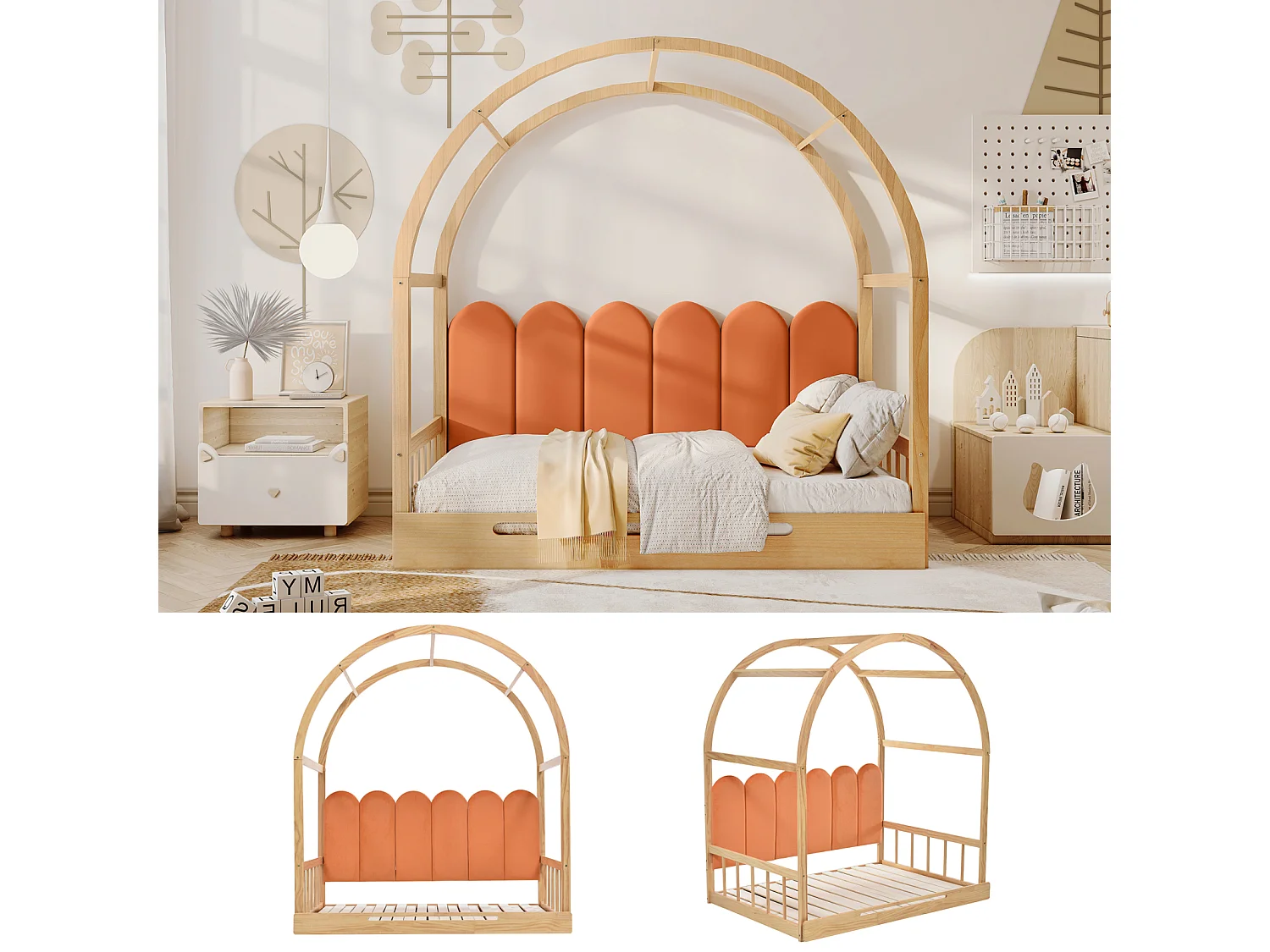 (Avec matelas) Lit mezzanine extensible, lit gigogne, lit enfant, lit sommier, lit double, coussins velours, pin, naturel + orange, 140x100/200cm