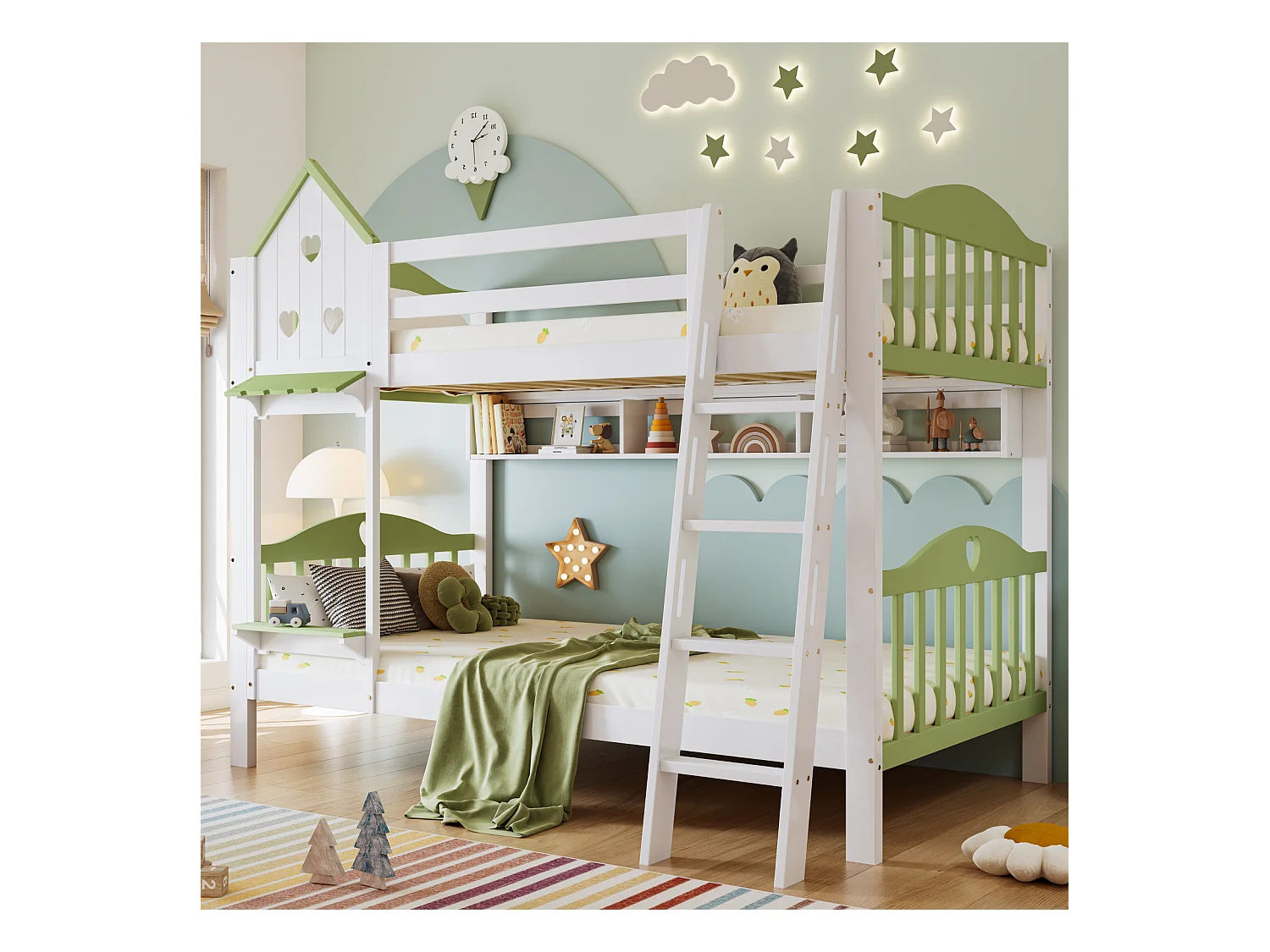 Lit superposé pour enfant, protection, garde-corps, toit, fenêtre, étagère, clôture en bois, échelle à 4 marches, bois massif, pin + MDF, blanc + vert, 90 x 200 cm