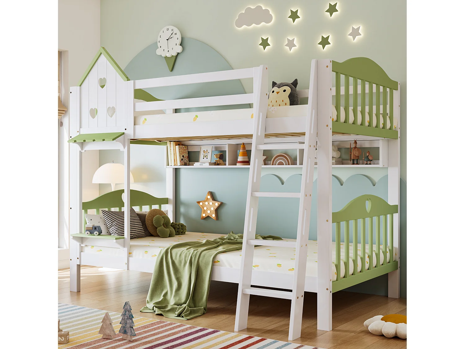 Lit superposé pour enfant, protection, garde-corps, toit, fenêtre, étagère, clôture en bois, échelle à 4 marches, bois massif, pin + MDF, blanc + vert, 90 x 200 cm
