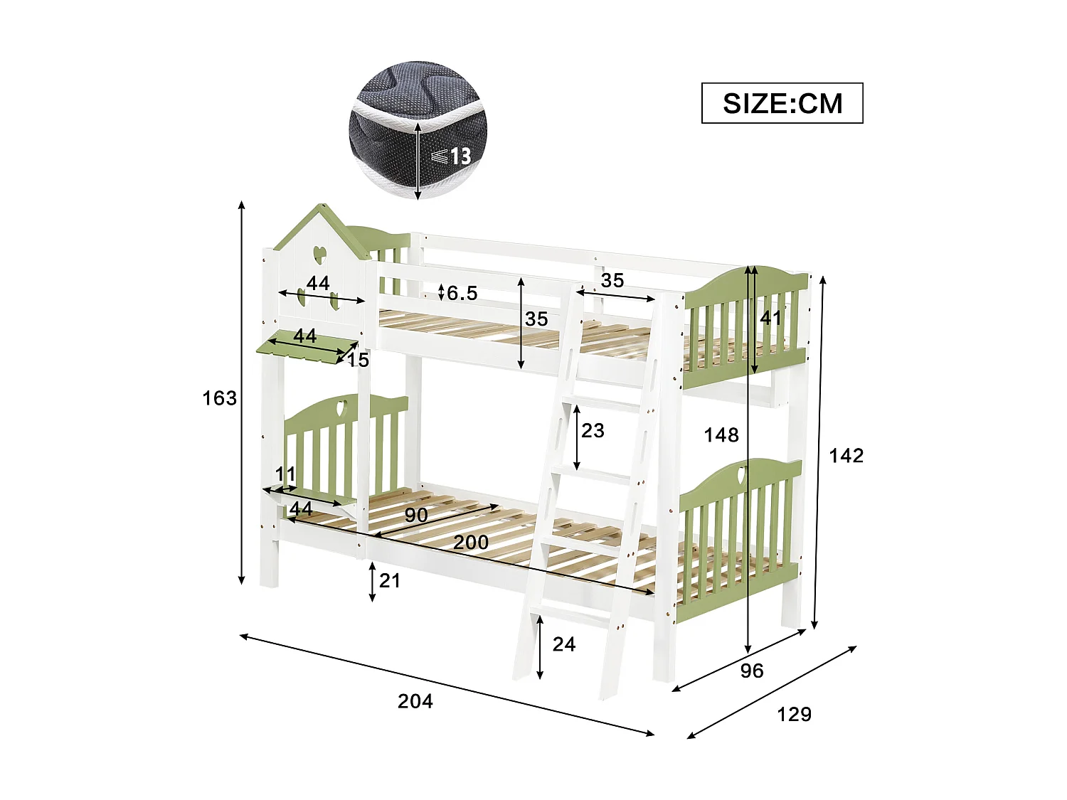 Lit superposé pour enfant, protection, garde-corps, toit, fenêtre, étagère, clôture en bois, échelle à 4 marches, bois massif, pin + MDF, blanc + vert, 90 x 200 cm
