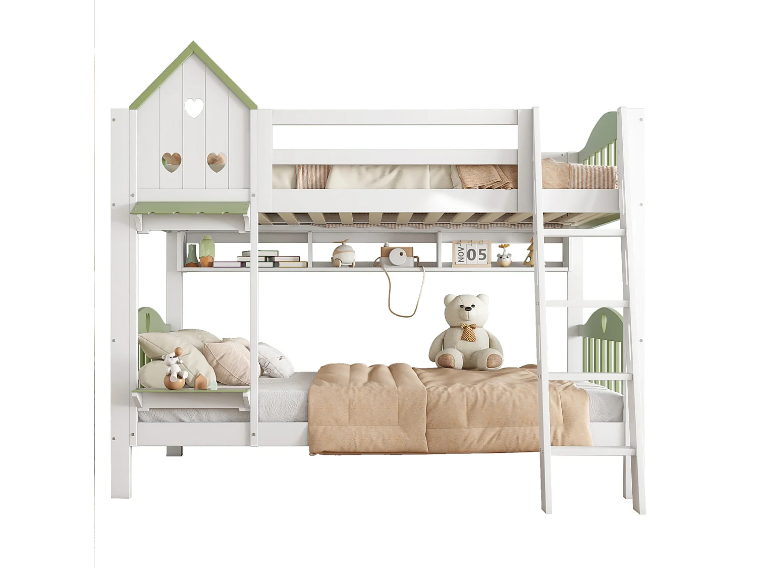 Lit superposé pour enfant, protection, garde-corps, toit, fenêtre, étagère, clôture en bois, échelle à 4 marches, bois massif, pin + MDF, blanc + vert, 90 x 200 cm