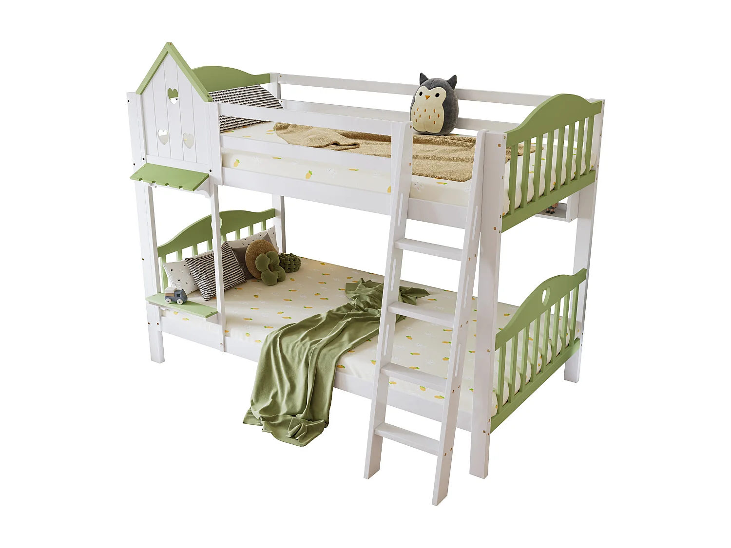 Lit superposé pour enfant, protection, garde-corps, toit, fenêtre, étagère, clôture en bois, échelle à 4 marches, bois massif, pin + MDF, blanc + vert, 90 x 200 cm
