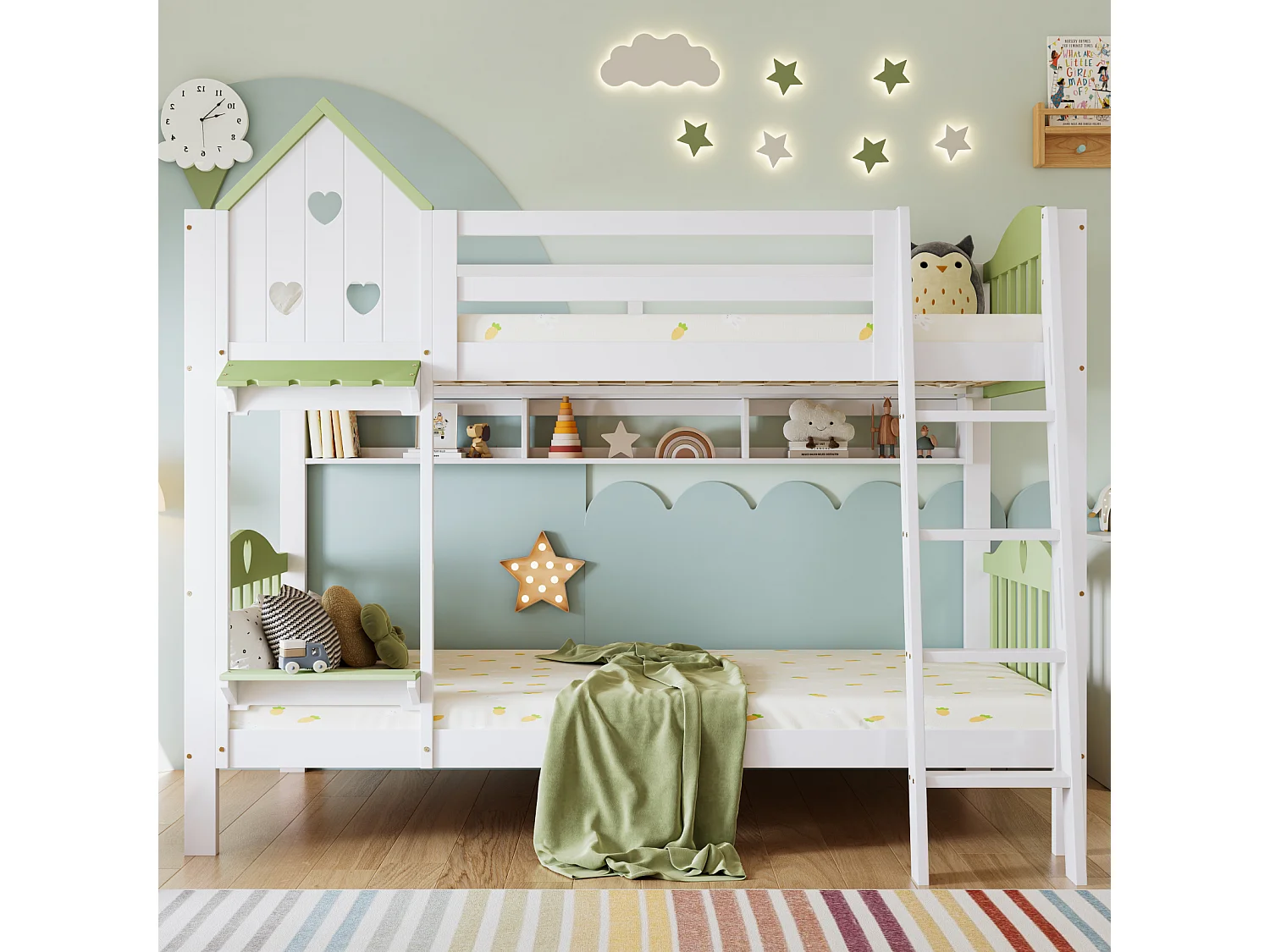 Lit superposé pour enfant, protection, garde-corps, toit, fenêtre, étagère, clôture en bois, échelle à 4 marches, bois massif, pin + MDF, blanc + vert, 90 x 200 cm