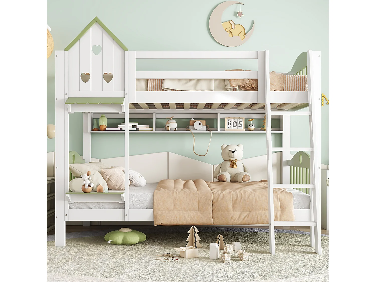 Lit superposé pour enfant, protection, garde-corps, toit, fenêtre, étagère, clôture en bois, échelle à 4 marches, bois massif, pin + MDF, blanc + vert, 90 x 200 cm