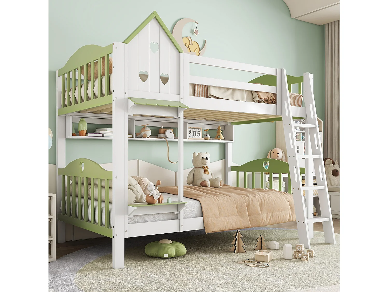 Lit superposé pour enfant, protection, garde-corps, toit, fenêtre, étagère, clôture en bois, échelle à 4 marches, bois massif, pin + MDF, blanc + vert, 90 x 200 cm