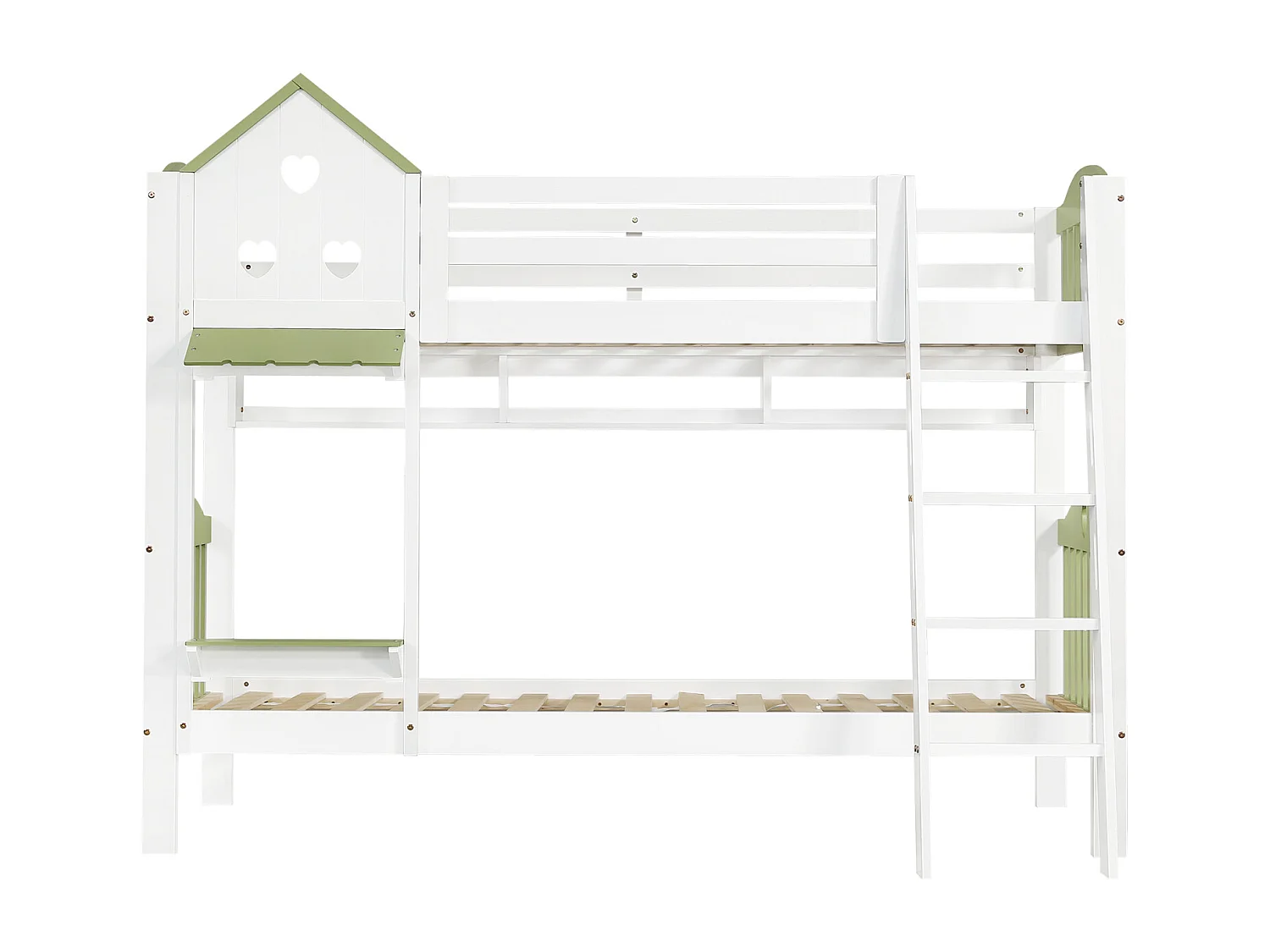 Lit superposé pour enfant, protection, garde-corps, toit, fenêtre, étagère, clôture en bois, échelle à 4 marches, bois massif, pin + MDF, blanc + vert, 90 x 200 cm