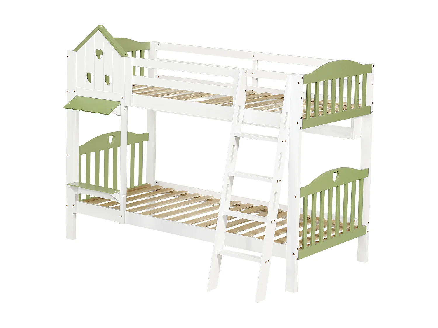 Lit superposé pour enfant, protection, garde-corps, toit, fenêtre, étagère, clôture en bois, échelle à 4 marches, bois massif, pin + MDF, blanc + vert, 90 x 200 cm