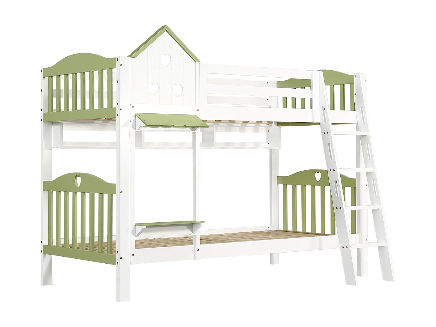 Lit superposé pour enfant, protection, garde-corps, toit, fenêtre, étagère, clôture en bois, échelle à 4 marches, bois massif, pin + MDF, blanc + vert, 90 x 200 cm