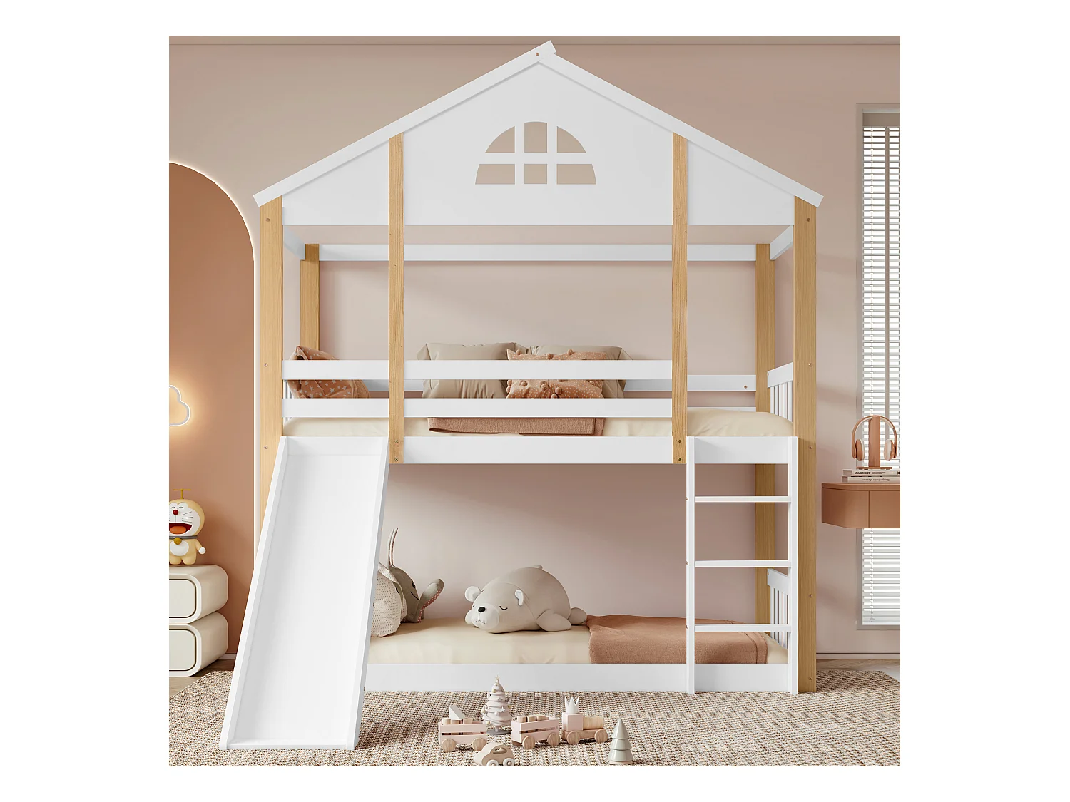 Lit superposé avec fenêtres, échelle 3 marches, lit enfant avec toboggan, maisonnette, clôtures, protection, bois massif, blanc + naturel, 90x200cm