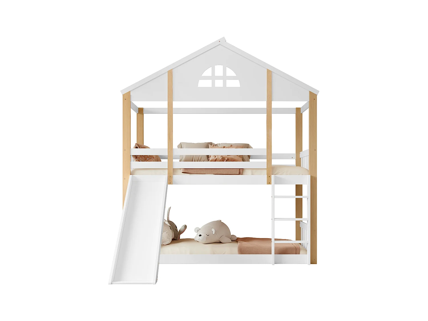 Lit superposé avec fenêtres, échelle 3 marches, lit enfant avec toboggan, maisonnette, clôtures, protection, bois massif, blanc + naturel, 90x200cm